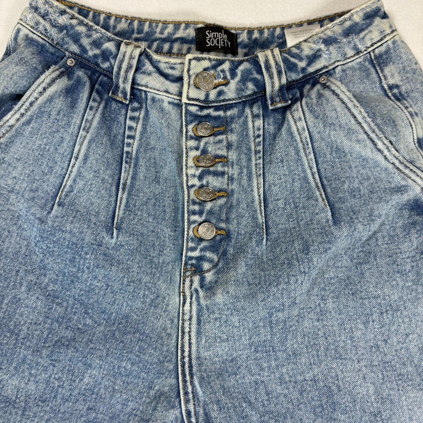 Simple Society Jeans Womens High Rise Button Fly Blue Denim Frayed Hem Baggy