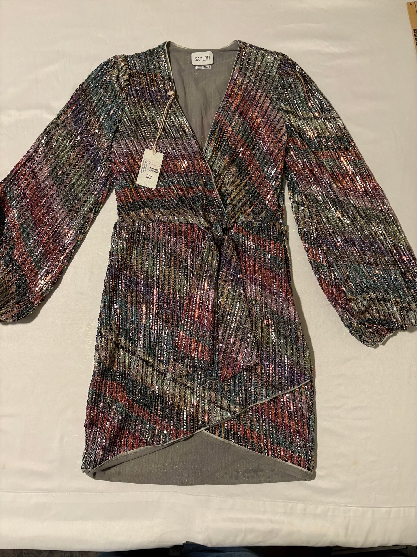 Saylor Rainbow Sequin Mini Dress Size Small NWT $390 V-Neck Wrap Cocktail