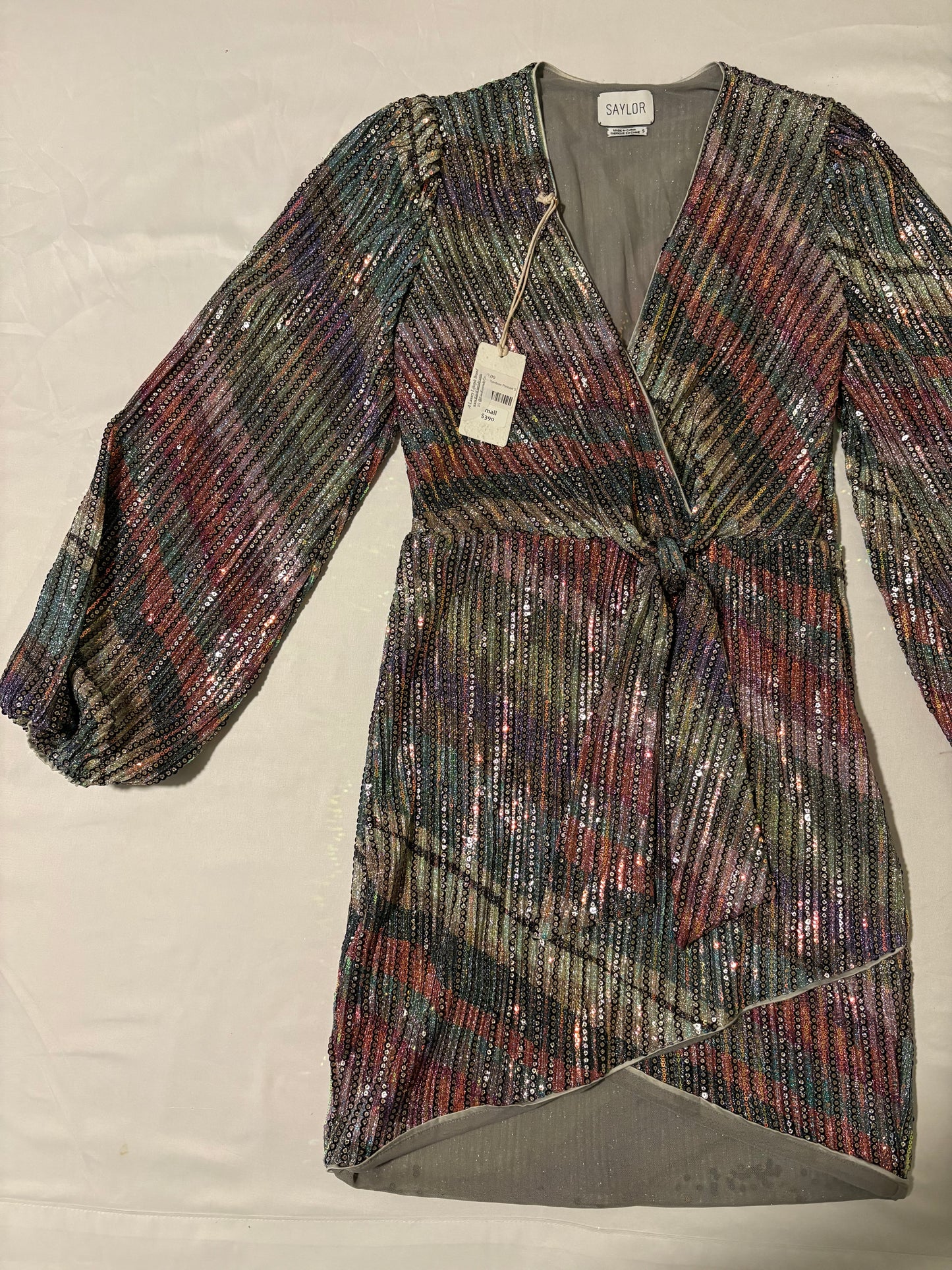 Saylor Rainbow Sequin Mini Dress Size Small NWT $390 V-Neck Wrap Cocktail