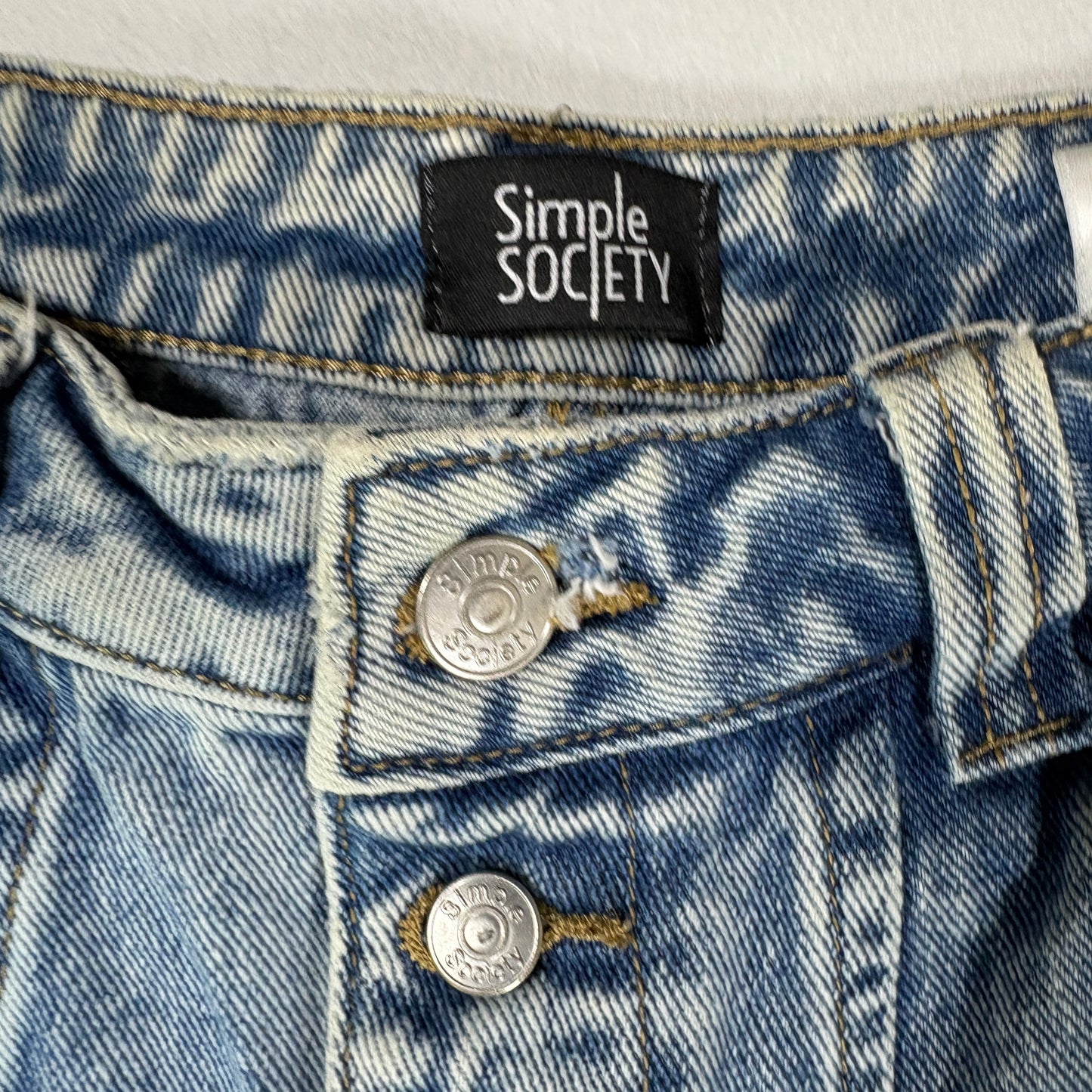 Simple Society Jeans Womens High Rise Button Fly Blue Denim Frayed Hem Baggy