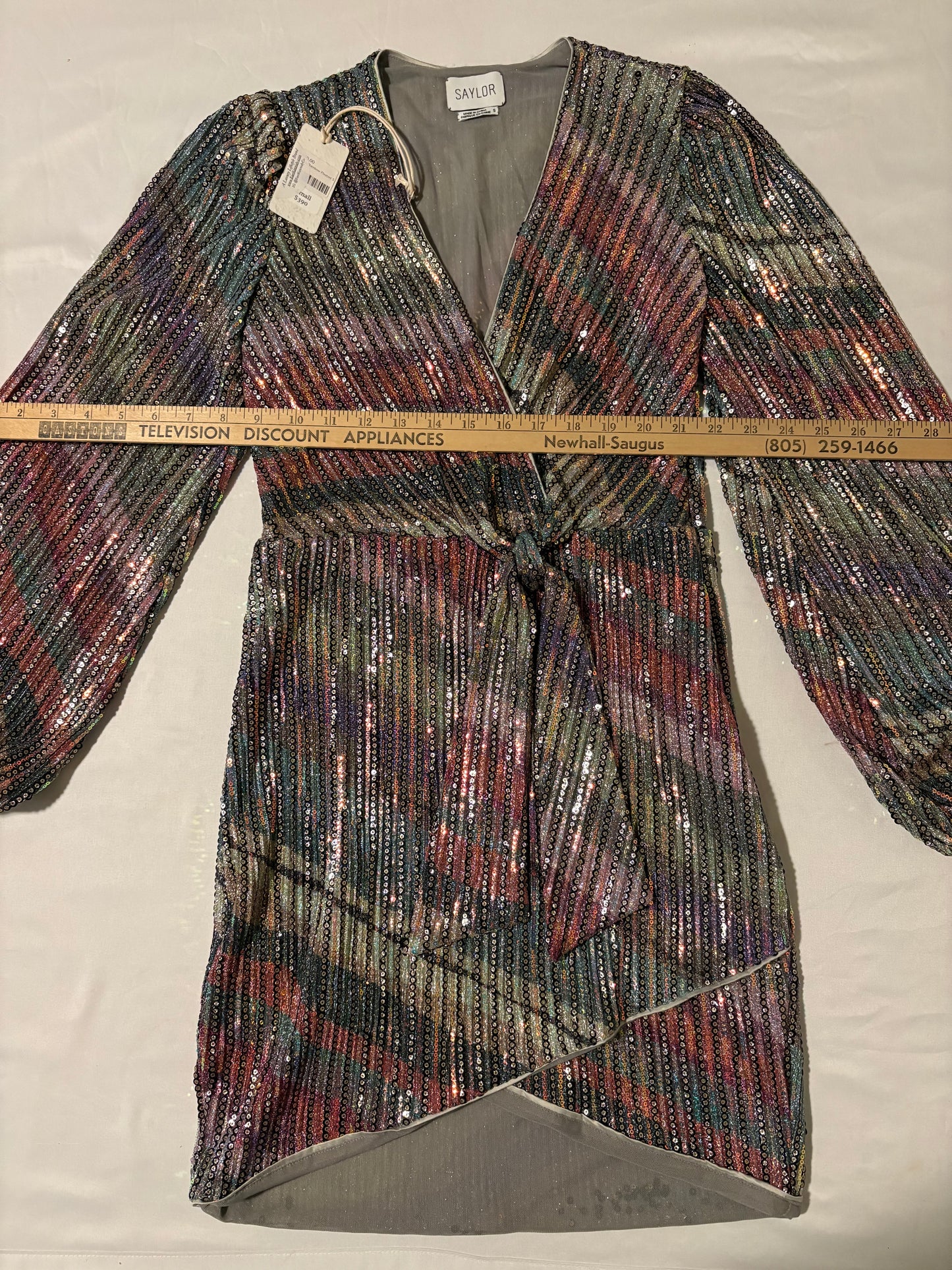 Saylor Rainbow Sequin Mini Dress Size Small NWT $390 V-Neck Wrap Cocktail