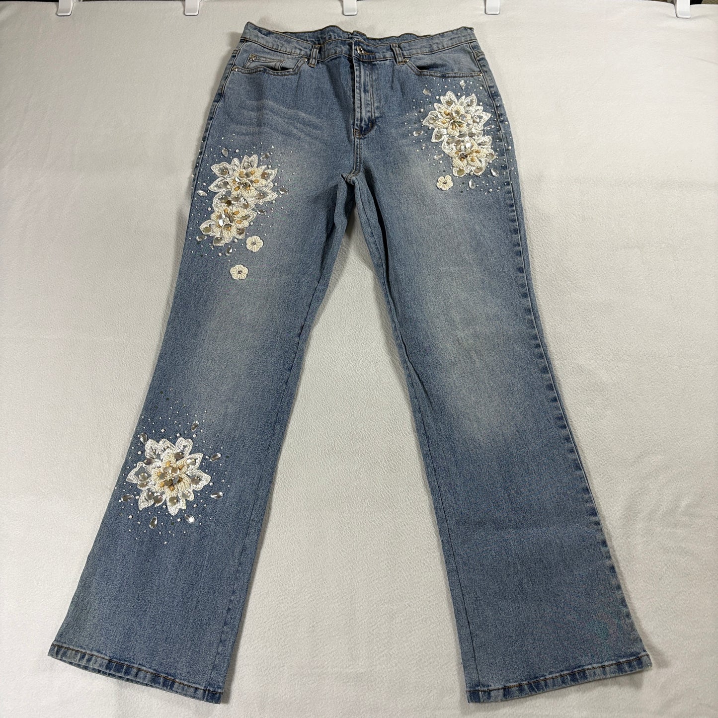 Embellished Floral Bootcut Jeans Y2K Beaded Sequin Tag 14 Fits Like 33X30 Blue
