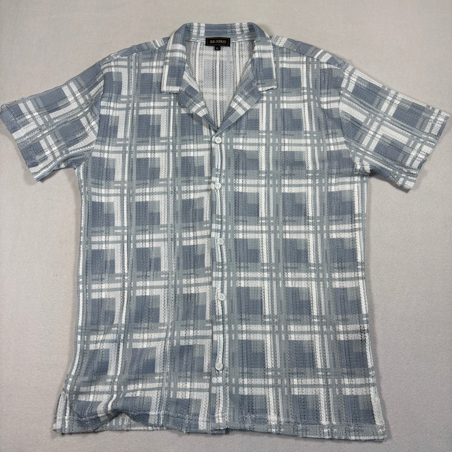 De-Niko Mens Mesh Shirt XL Sheer Plaid Y2K Grunge 90s See Through Button Up