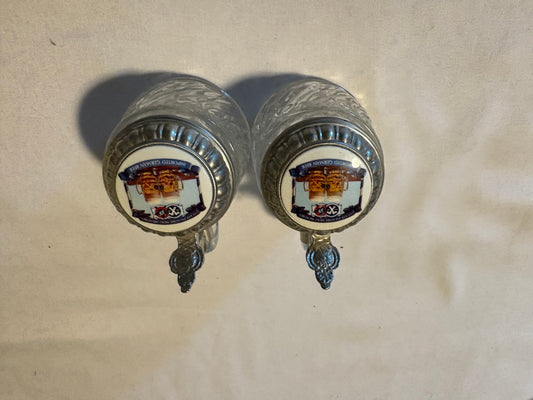 Vintage German Beer Steins Set of 2 Lidded Glass Mugs Etched w/ Pewter Tops