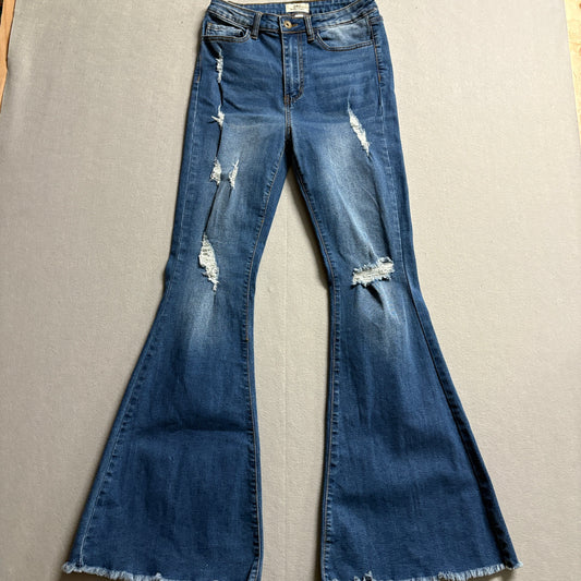 Y2K Bell Bottom Flare Jeans Distressed Raw Hem Stretch Tag 7 Fits Like 28X32
