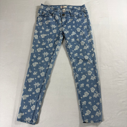 So Womens Size 7 Skinny Floral Jeans Stretch Y2K Vintage 90S Blue Denim Pants