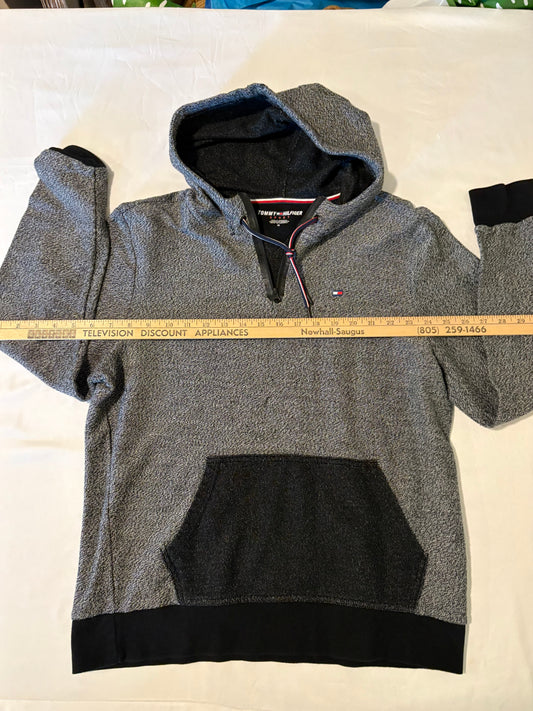 Tommy Hilfiger Hoodie Men’s M – Gray Black Pullover Sweatshirt – 1/4 Zip Logo
