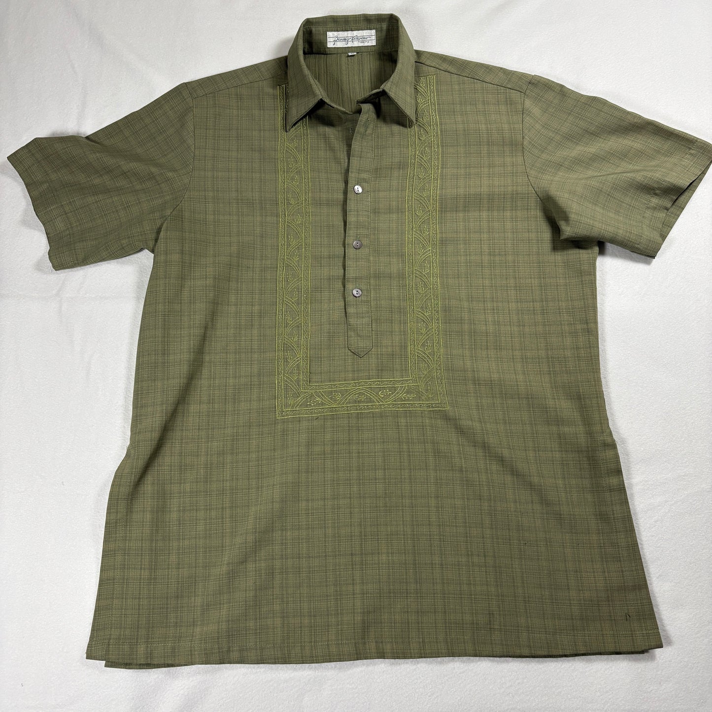 Embroidered Mens Shirt M Green Vintage Style Barong Filipino Casual Retro Top