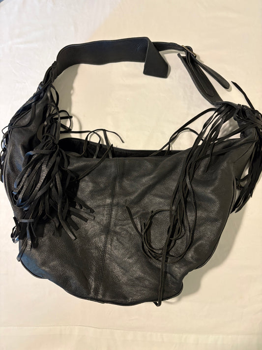 Genuine Deerskin Black Leather Fringe Hobo Shoulder Bag 20x17" Boho Western