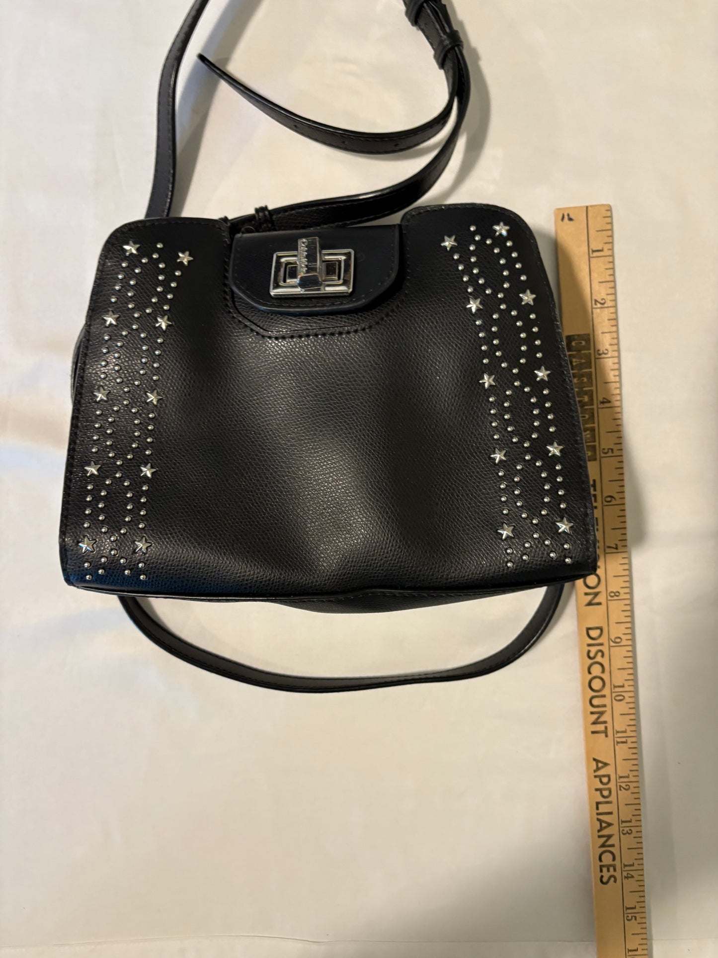 Calvin Klein Clementine Crossbody Purse Black Faux Leather Studded Star Detail