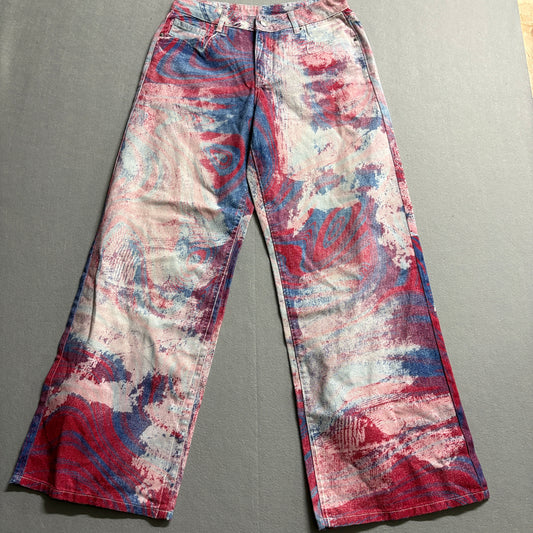 Forever 21 Psychedelic Wide Leg Jeans Womens Pink Blue Swirl Y2K Pants 30x31
