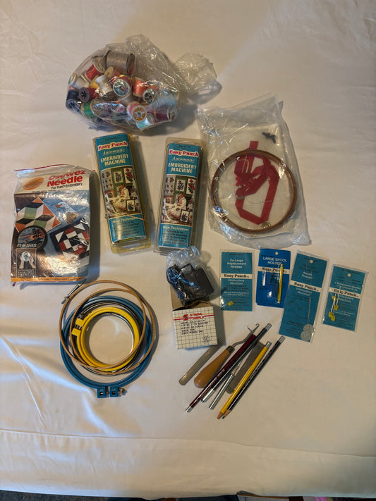 Vintage Needlepoint Lot w/ Easy Punch Embroidery Machine Hoops Tools Thread