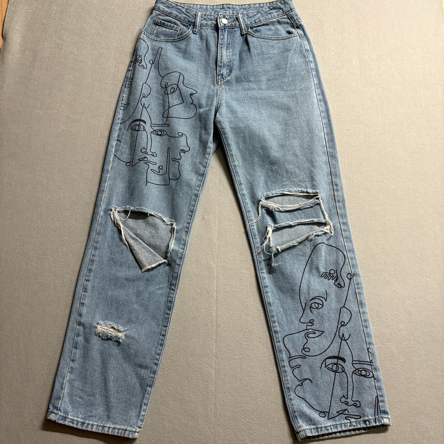 Y2K Distressed Art Face Print Jeans Straight Leg Tag 38 Fits Like 28X29 Skater