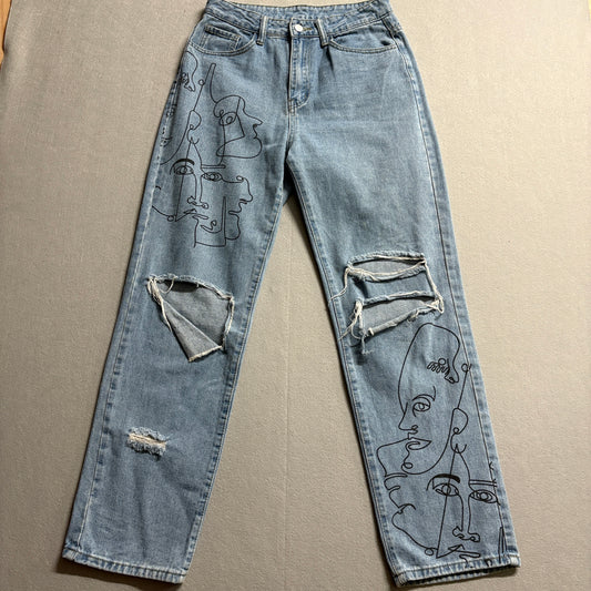 Y2K Distressed Art Face Print Jeans Straight Leg Tag 38 Fits Like 28X29 Skater