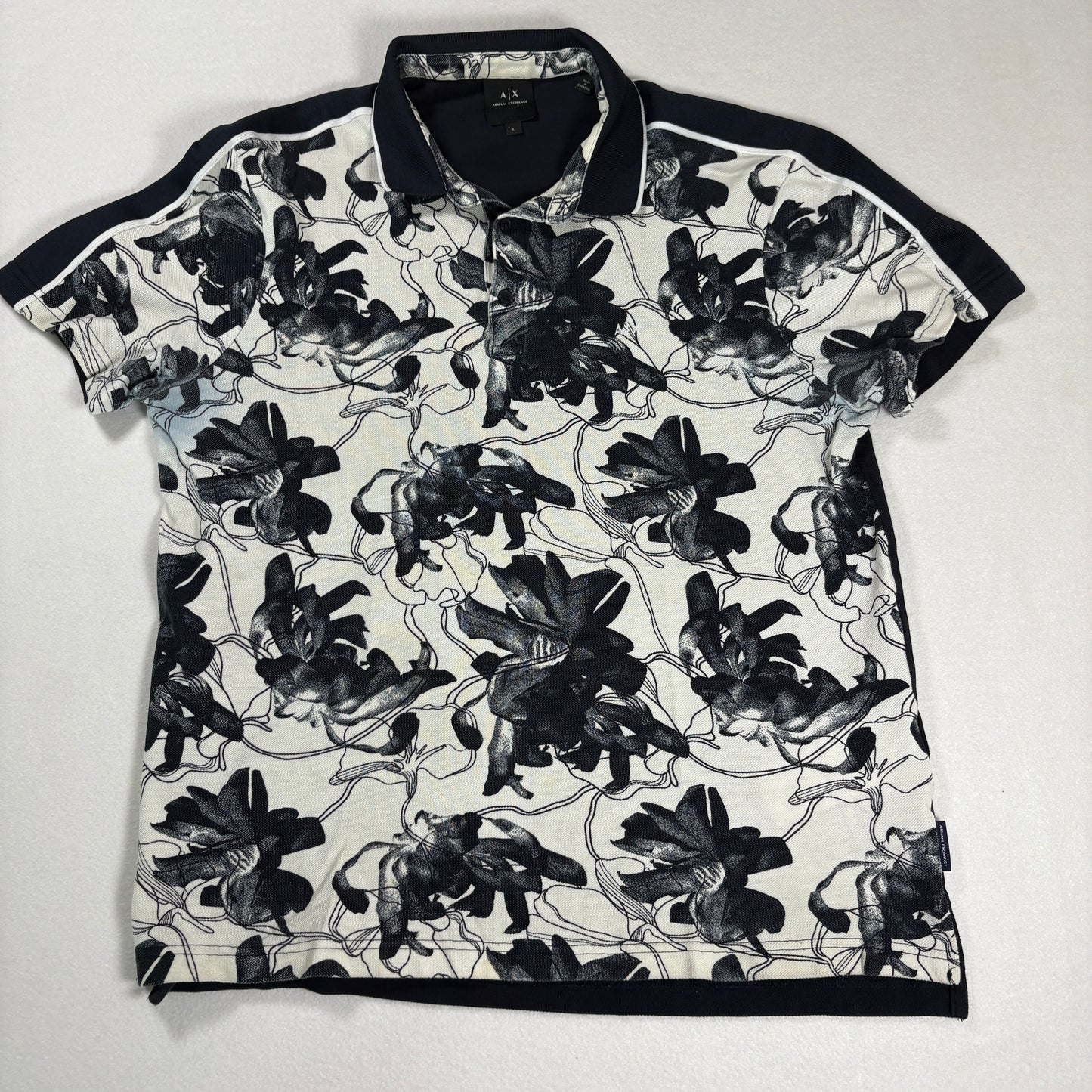 Armani Exchange Mens Polo Shirt Large Black White Floral Print Short Sleeve A|X