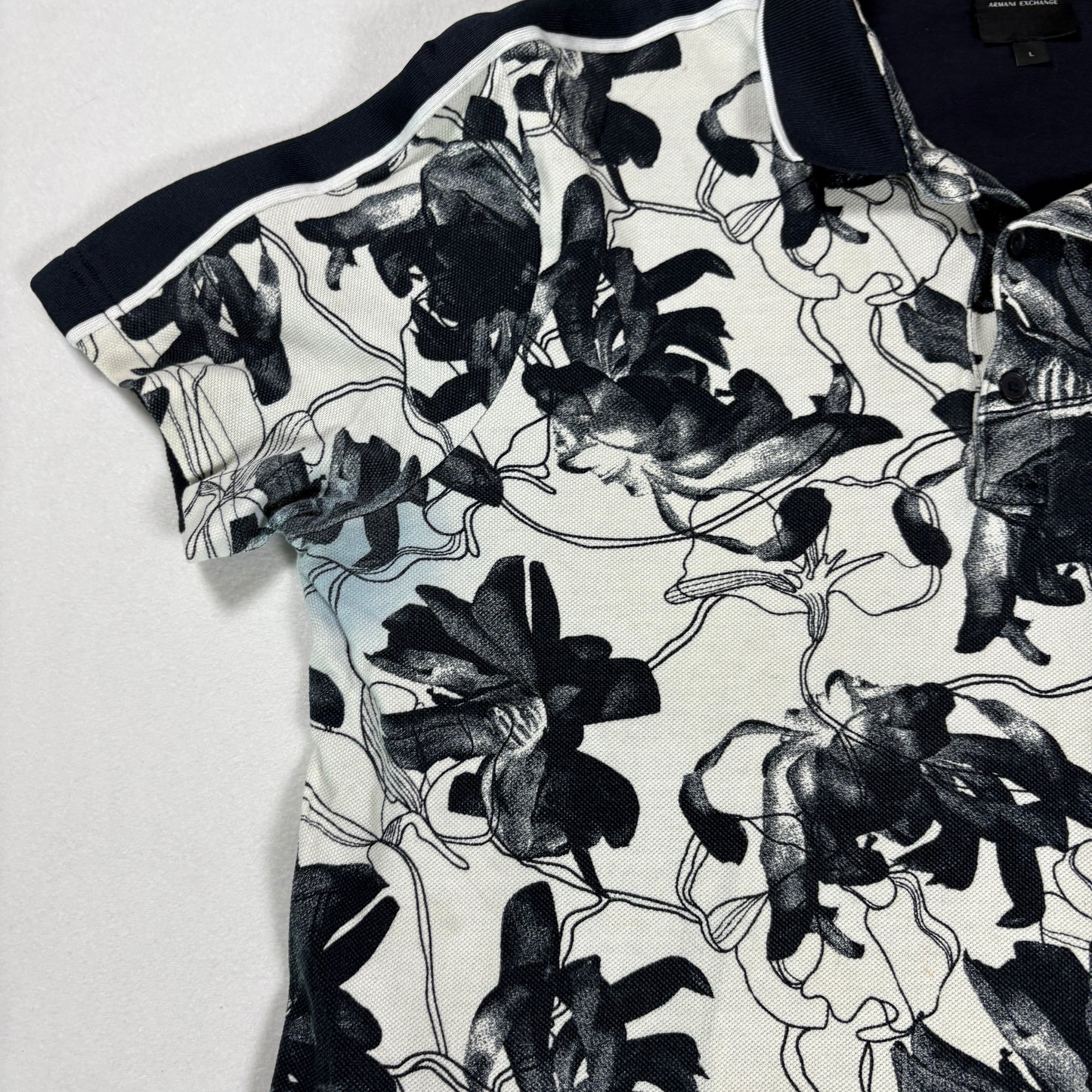 Armani Exchange Mens Polo Shirt Large Black White Floral Print Short Sleeve A|X
