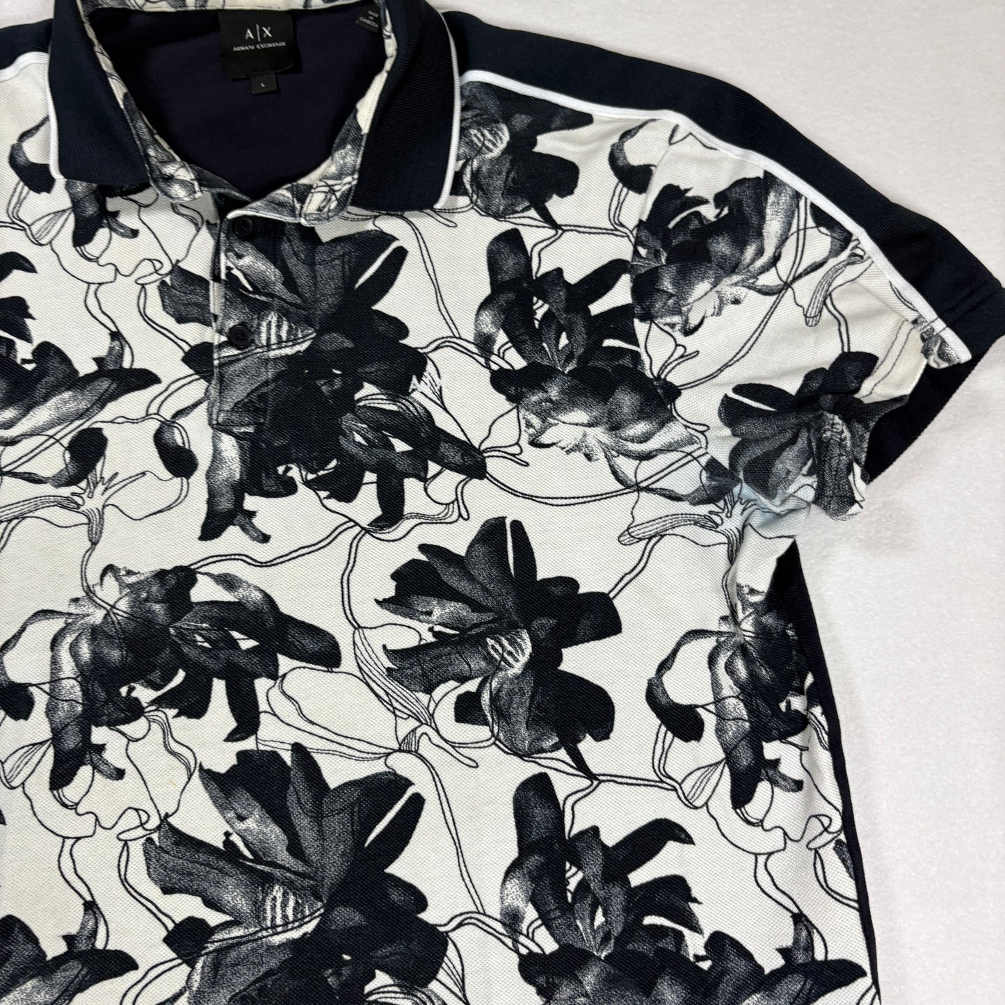 Armani Exchange Mens Polo Shirt Large Black White Floral Print Short Sleeve A|X