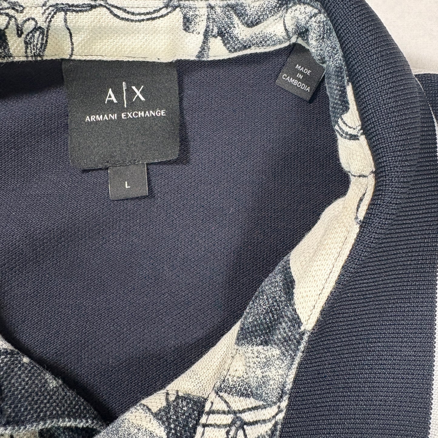 Armani Exchange Mens Polo Shirt Large Black White Floral Print Short Sleeve A|X