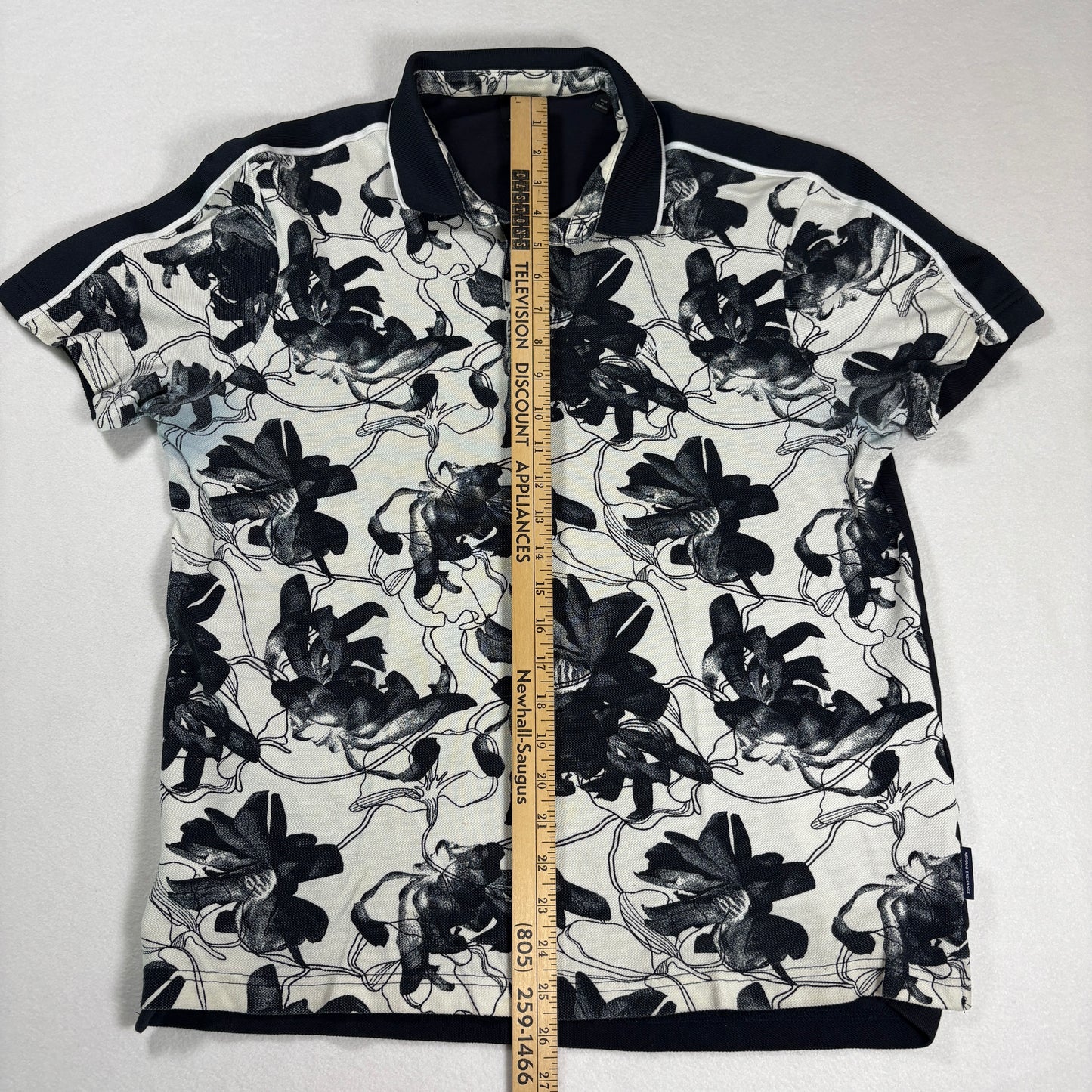Armani Exchange Mens Polo Shirt Large Black White Floral Print Short Sleeve A|X