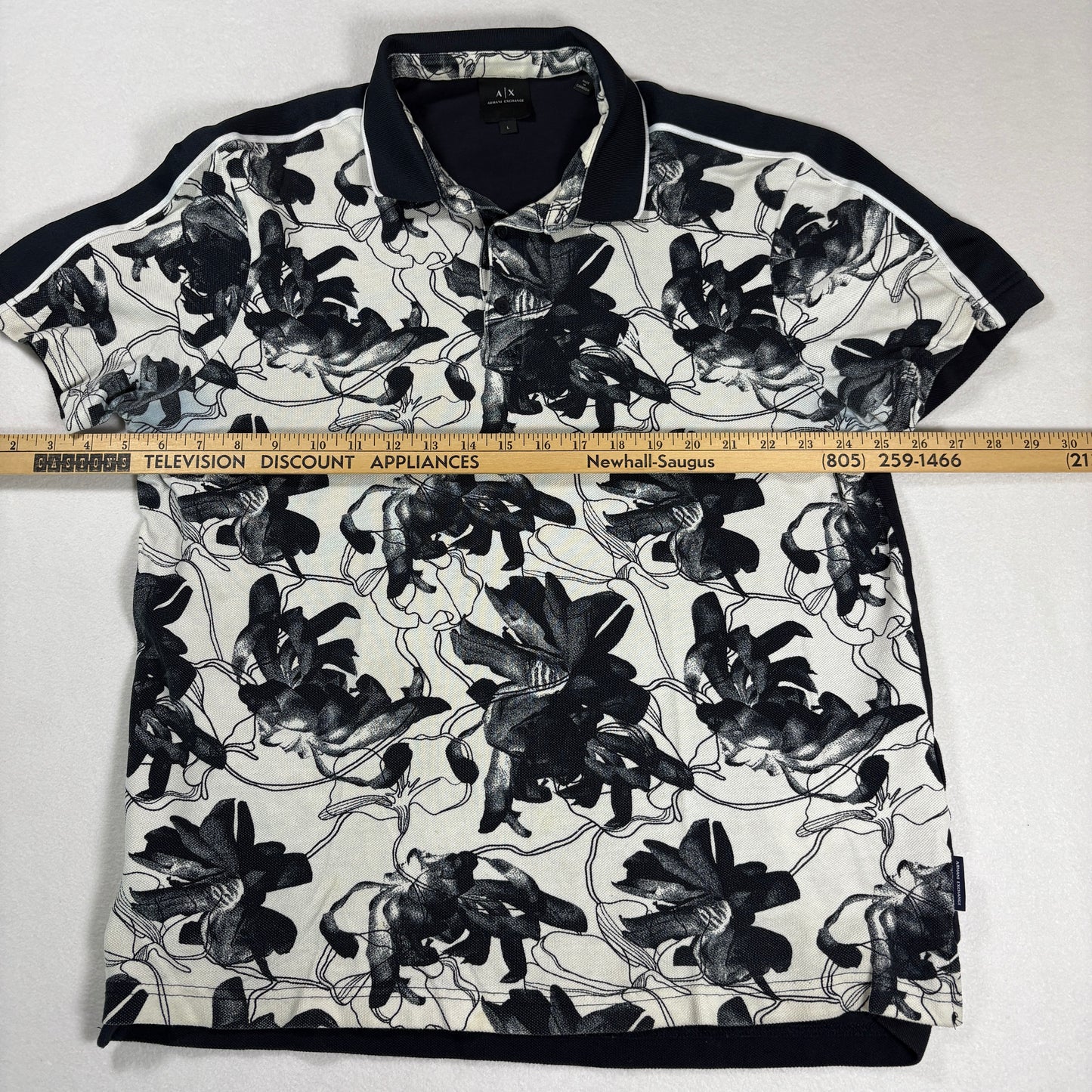 Armani Exchange Mens Polo Shirt Large Black White Floral Print Short Sleeve A|X