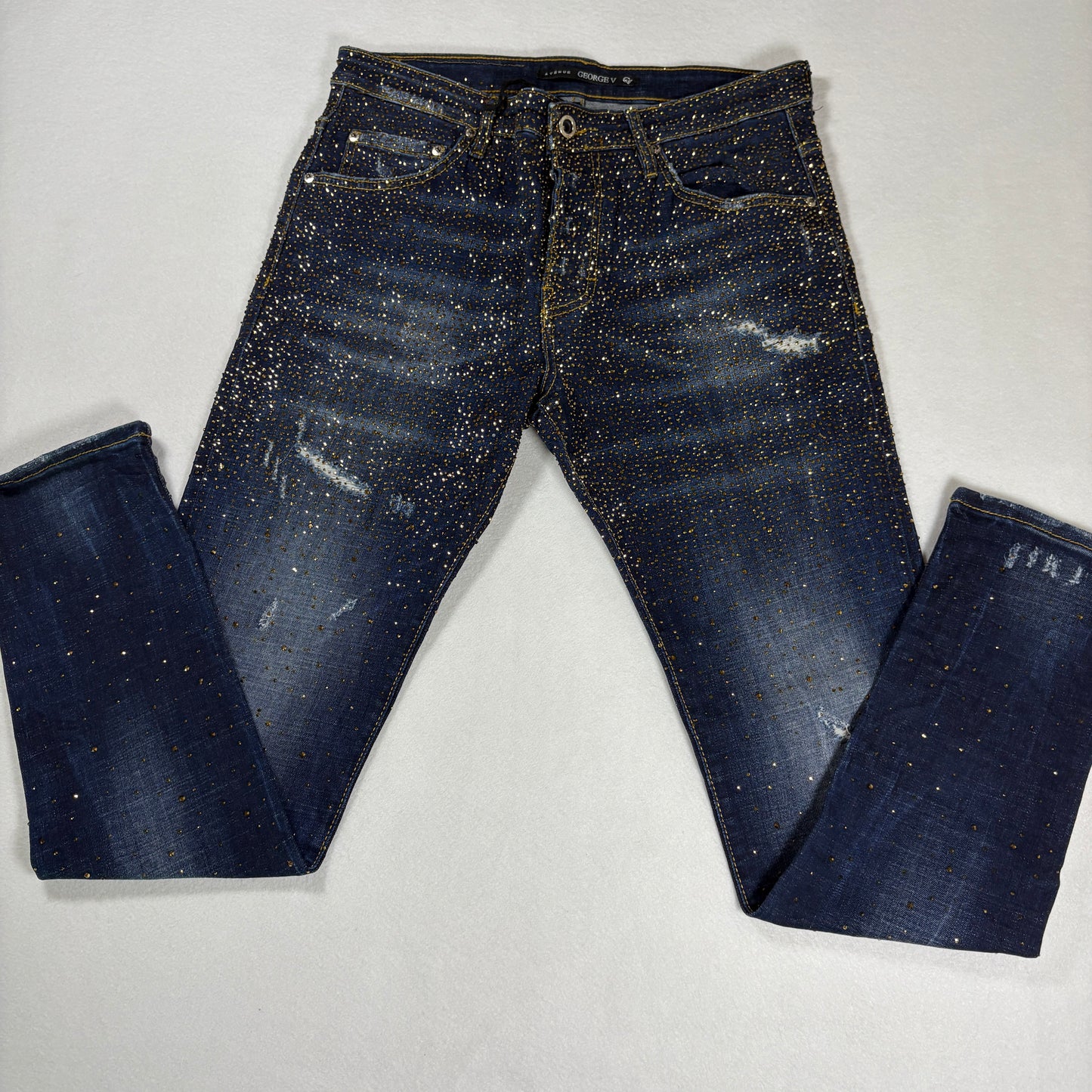 Avenue George V Paris Mens Jeans 32x30 Gold Rhinestone Distressed Denim Designer