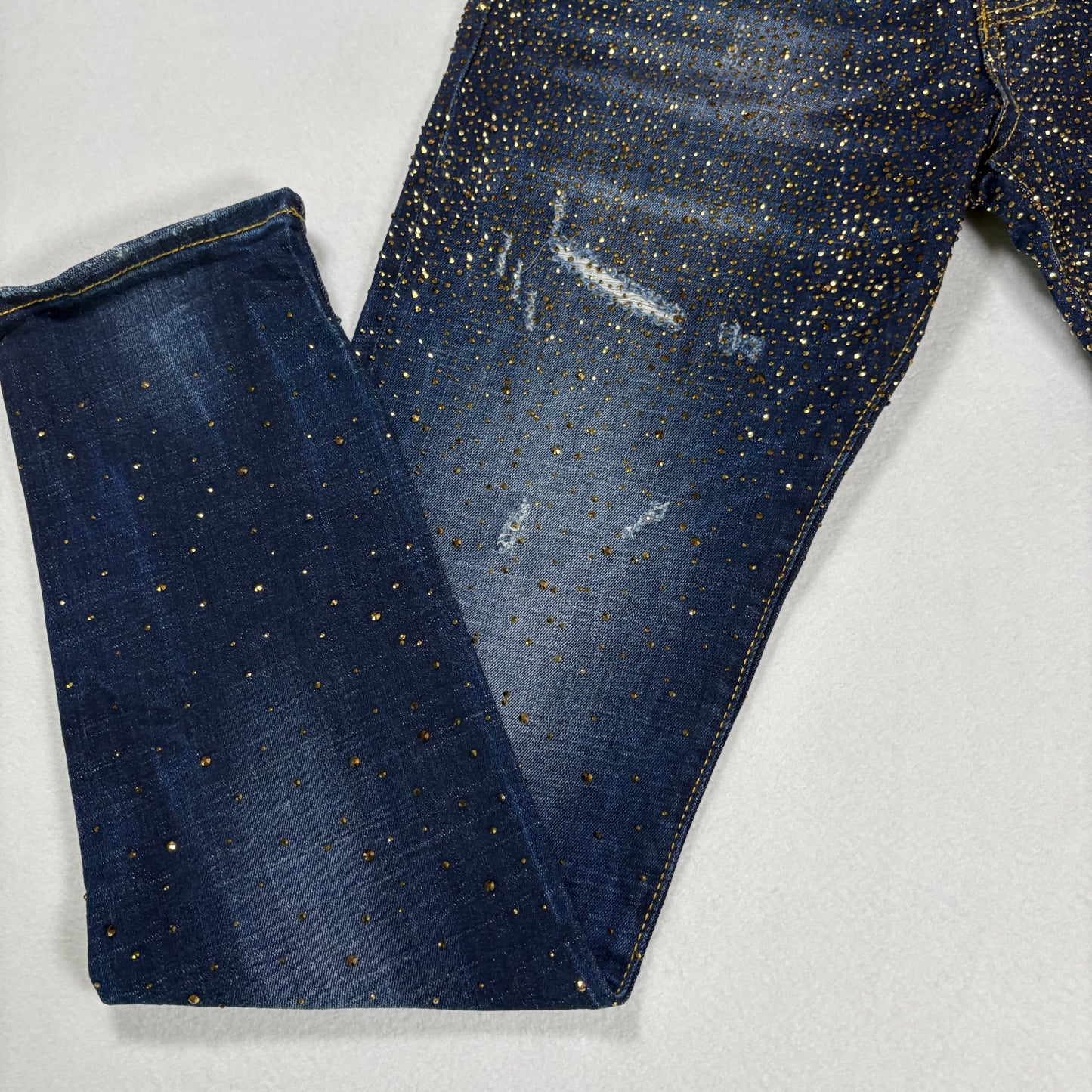 Avenue George V Paris Mens Jeans 32x30 Gold Rhinestone Distressed Denim Designer