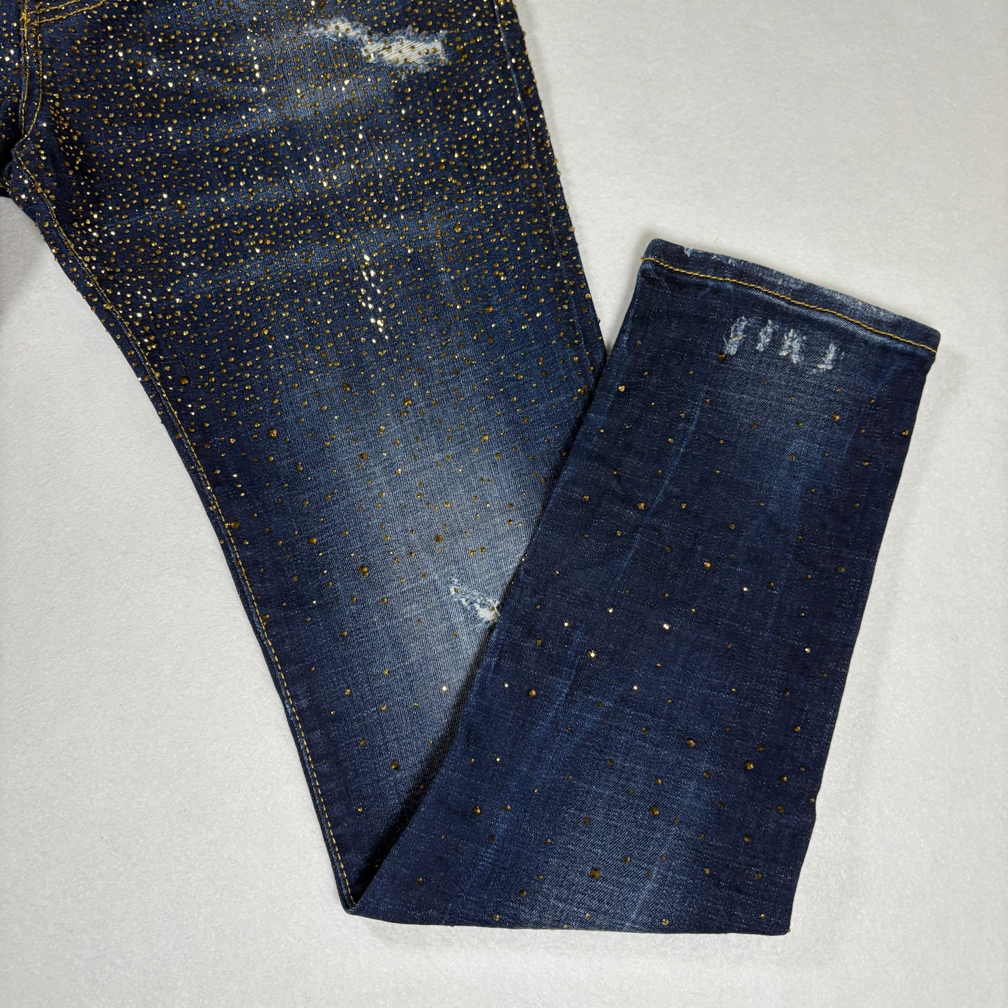 Avenue George V Paris Mens Jeans 32x30 Gold Rhinestone Distressed Denim Designer