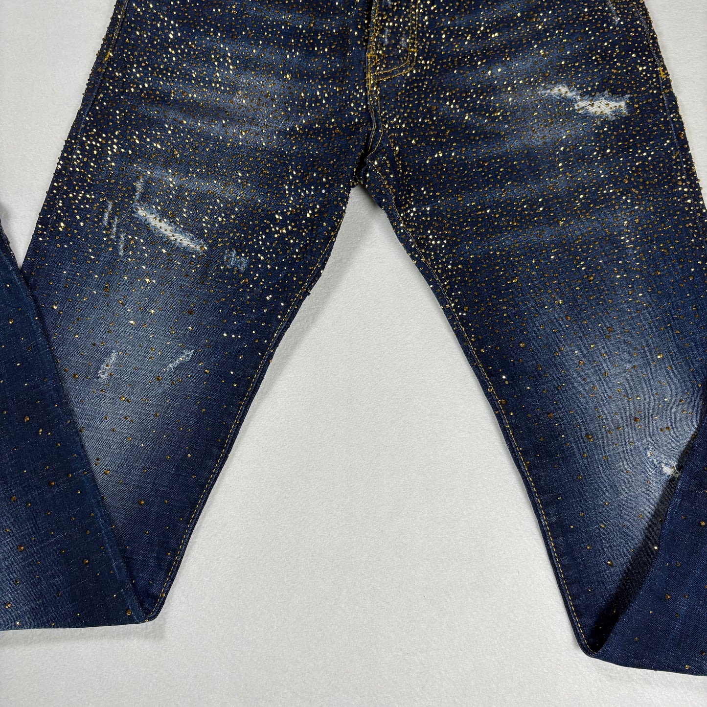 Avenue George V Paris Mens Jeans 32x30 Gold Rhinestone Distressed Denim Designer
