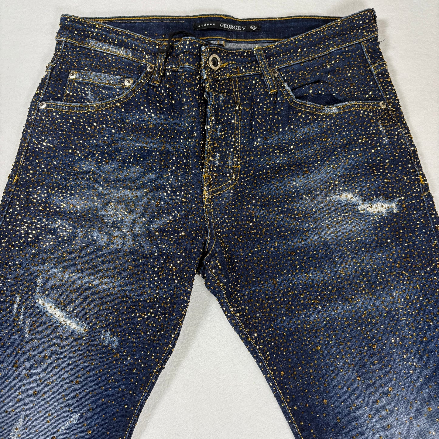 Avenue George V Paris Mens Jeans 32x30 Gold Rhinestone Distressed Denim Designer