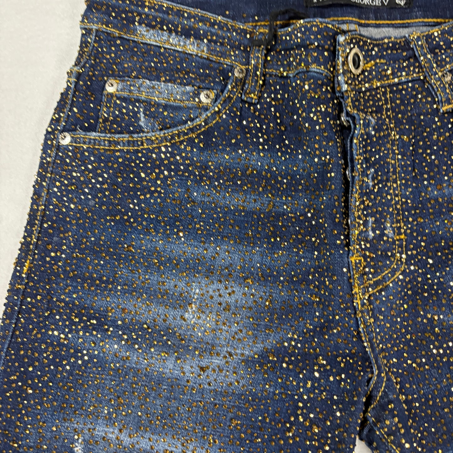 Avenue George V Paris Mens Jeans 32x30 Gold Rhinestone Distressed Denim Designer