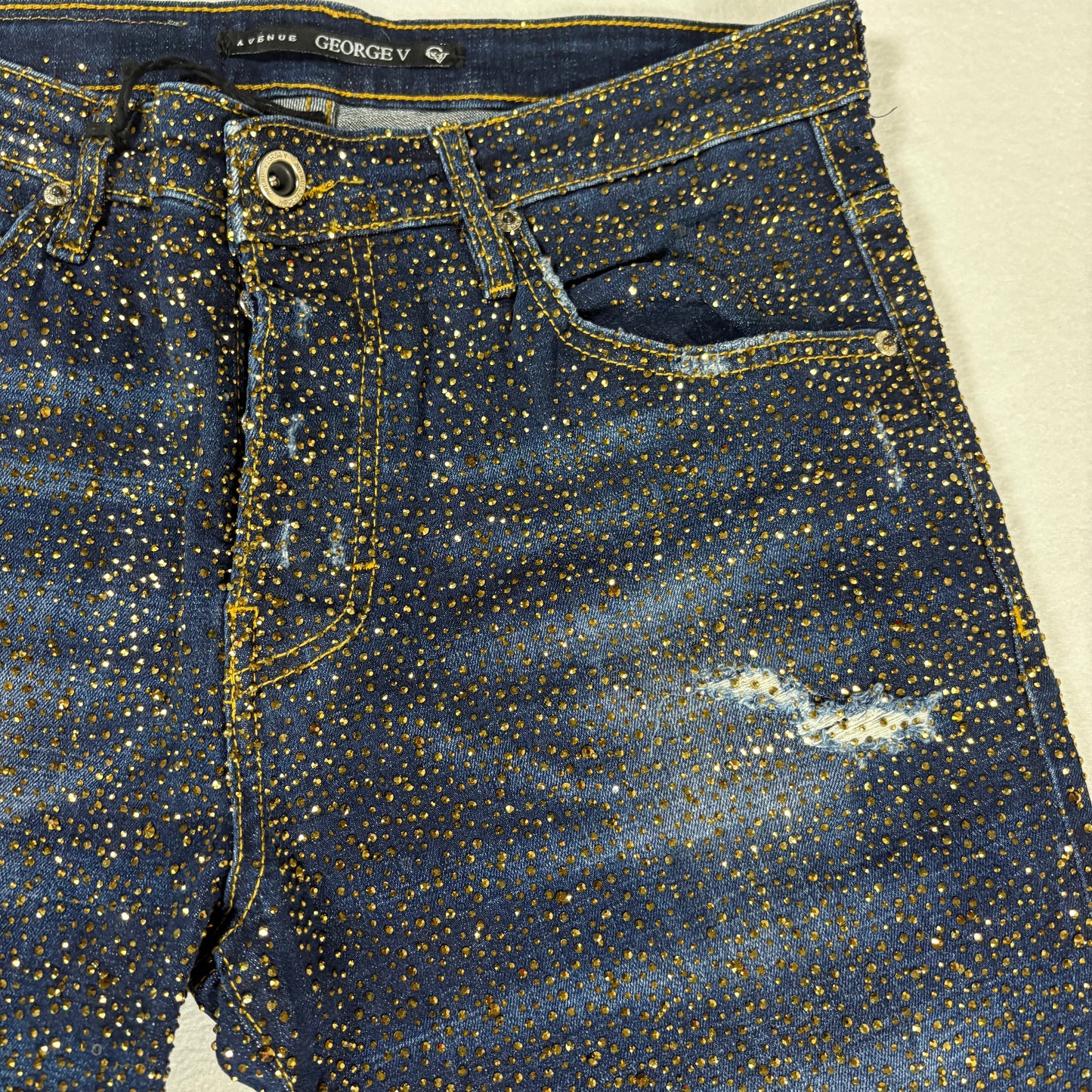 Avenue George V Paris Mens Jeans 32x30 Gold Rhinestone Distressed Denim Designer