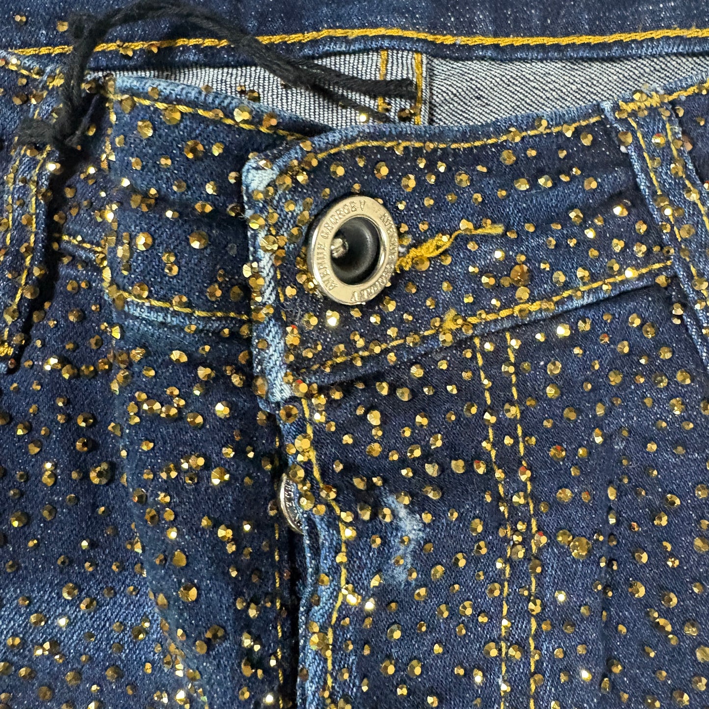 Avenue George V Paris Mens Jeans 32x30 Gold Rhinestone Distressed Denim Designer