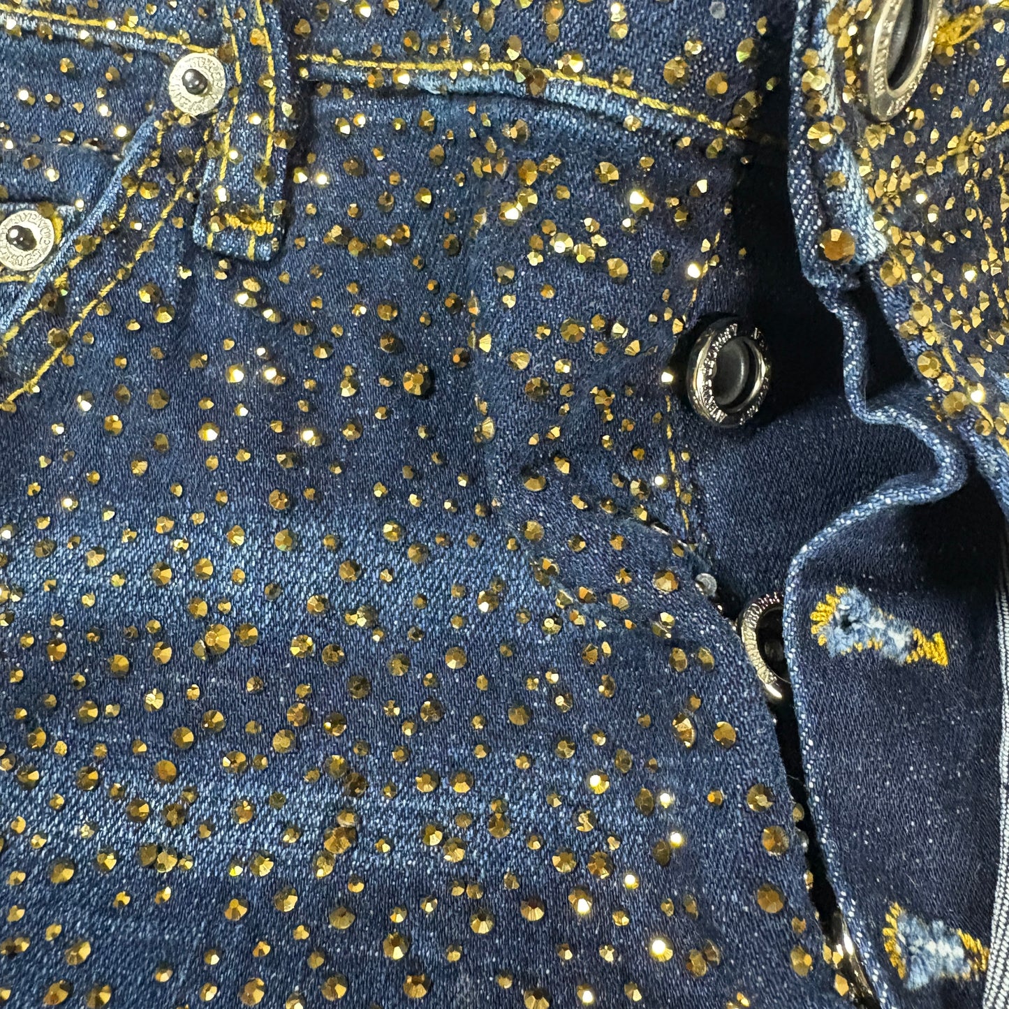 Avenue George V Paris Mens Jeans 32x30 Gold Rhinestone Distressed Denim Designer