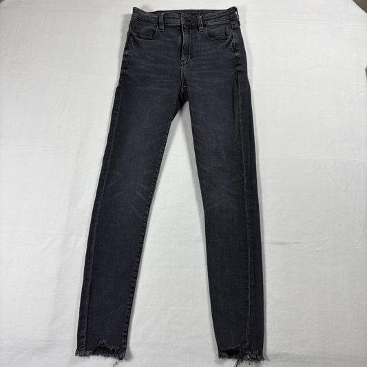 American Eagle Jeans Womens 4 Black Super Stretch Skinny Frayed Hem Y2K Grunge