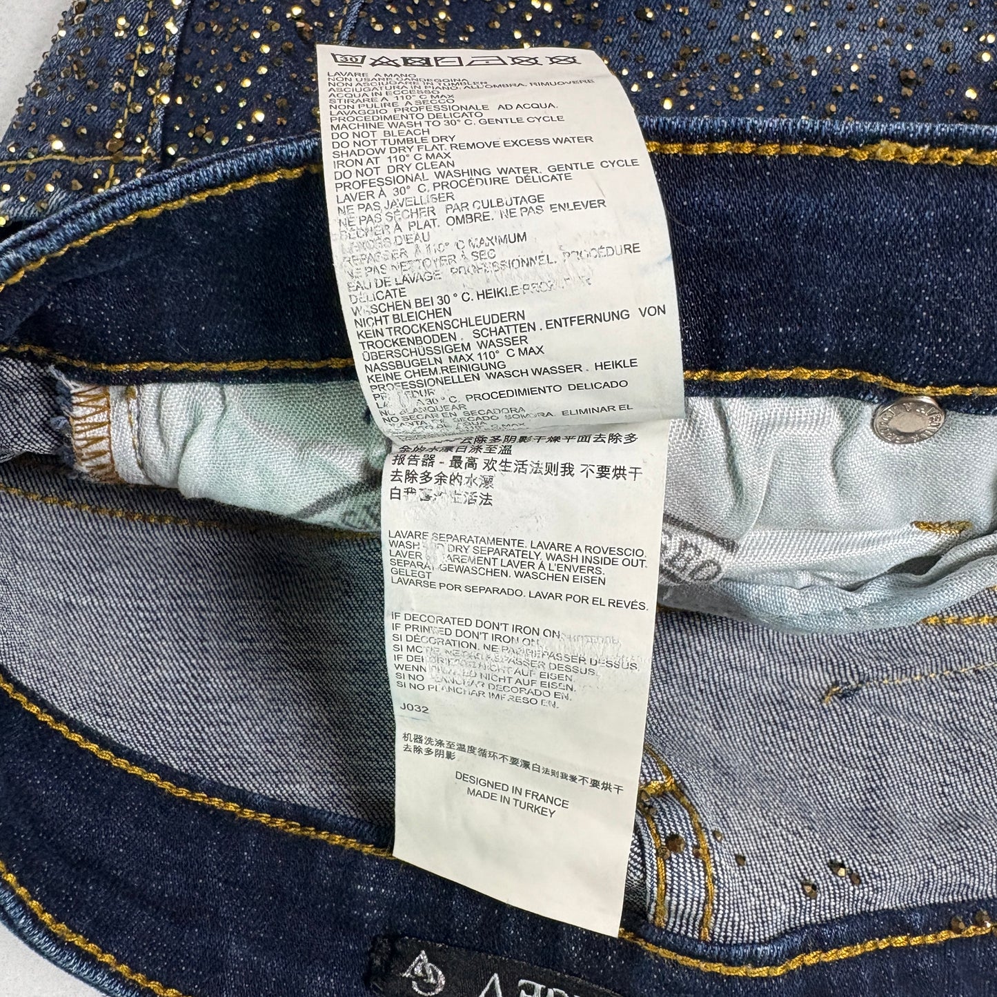 Avenue George V Paris Mens Jeans 32x30 Gold Rhinestone Distressed Denim Designer