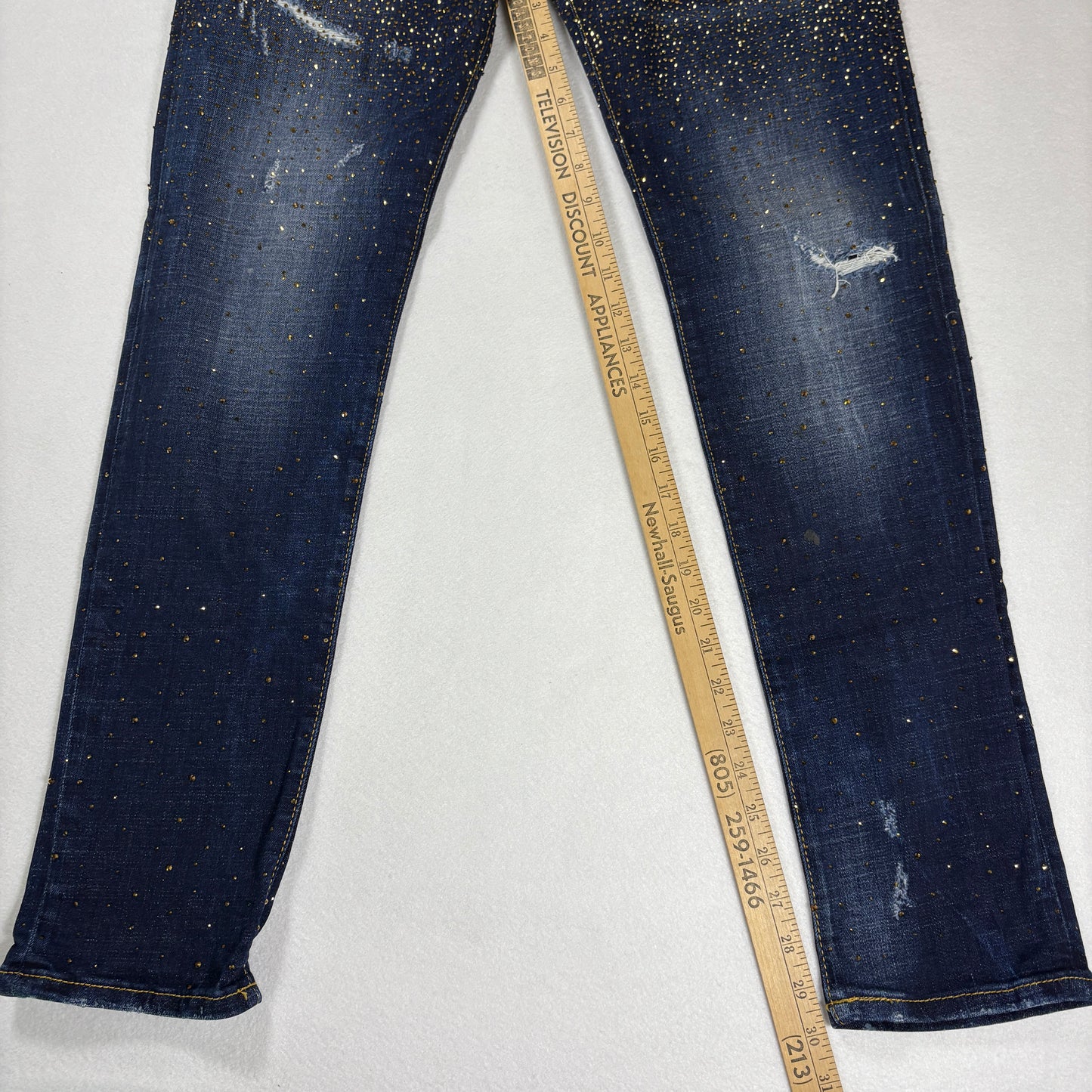 Avenue George V Paris Mens Jeans 32x30 Gold Rhinestone Distressed Denim Designer