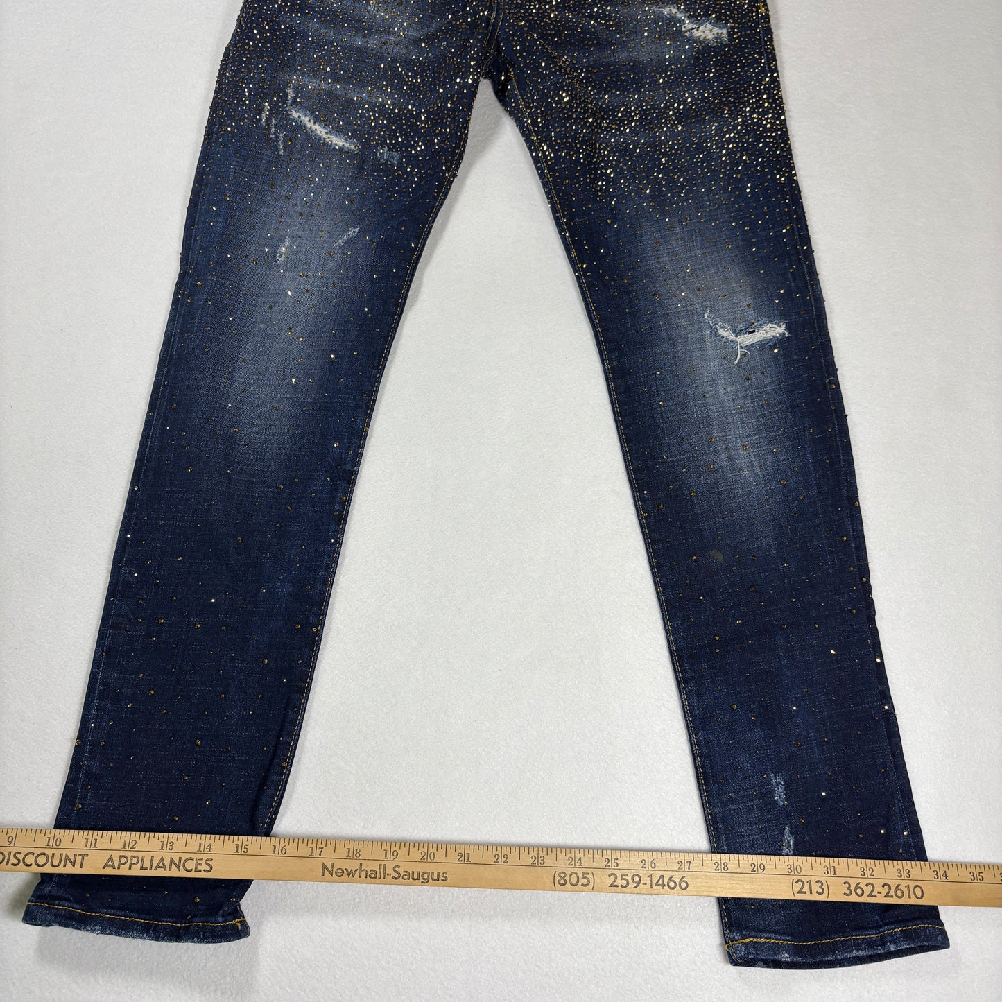 Avenue George V Paris Mens Jeans 32x30 Gold Rhinestone Distressed Denim Designer
