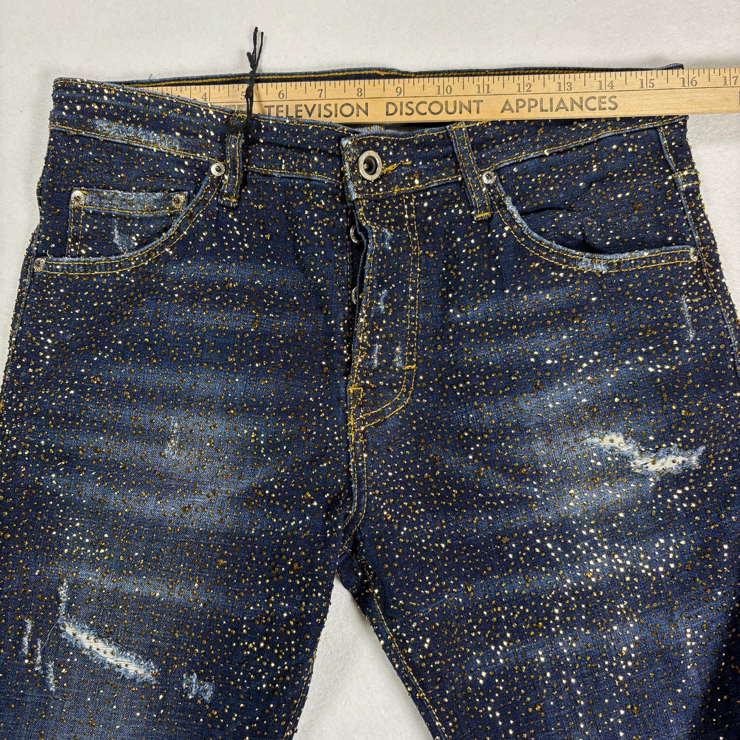 Avenue George V Paris Mens Jeans 32x30 Gold Rhinestone Distressed Denim Designer