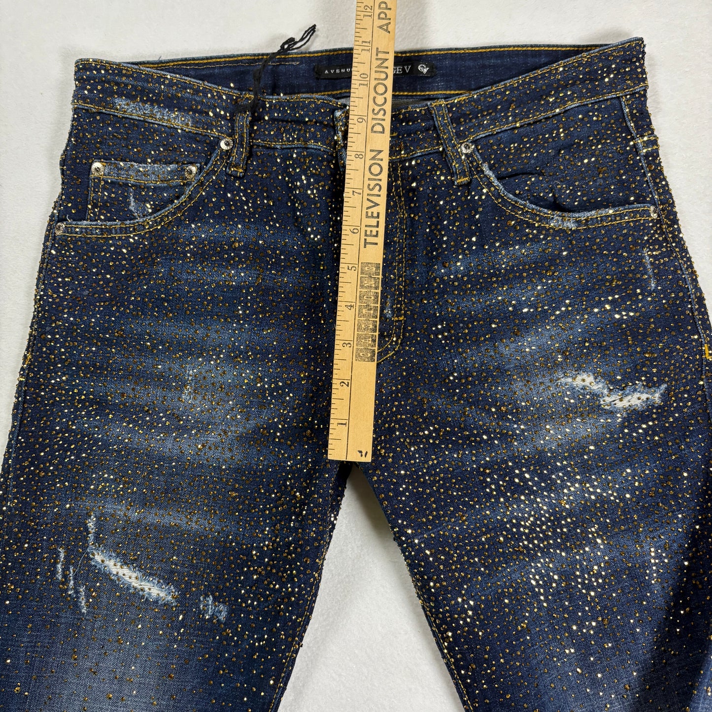 Avenue George V Paris Mens Jeans 32x30 Gold Rhinestone Distressed Denim Designer