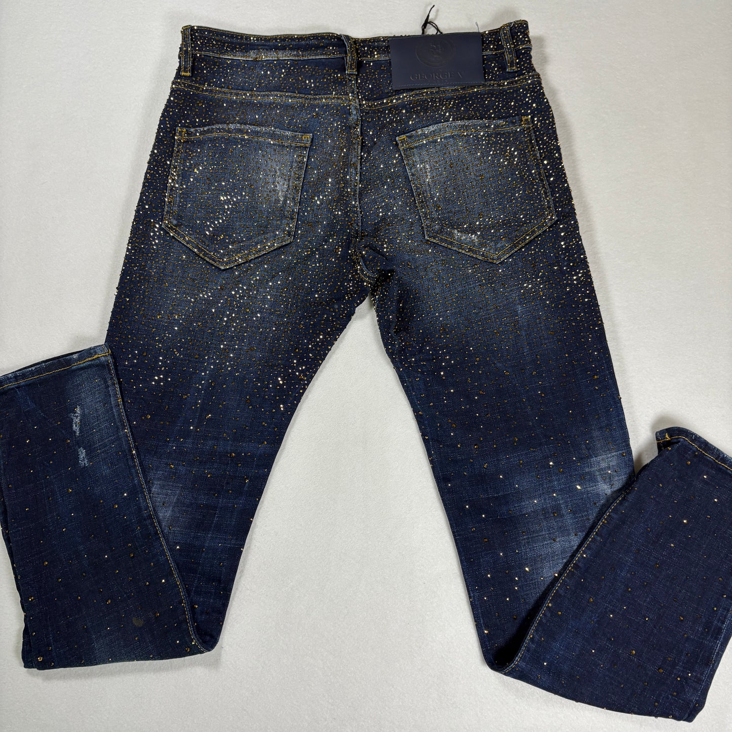 Avenue George V Paris Mens Jeans 32x30 Gold Rhinestone Distressed Denim Designer