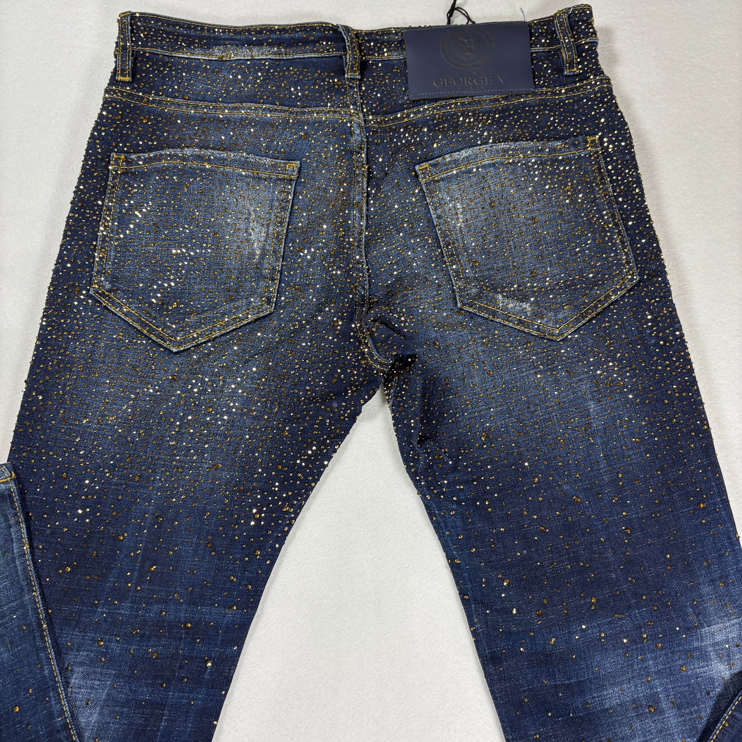 Avenue George V Paris Mens Jeans 32x30 Gold Rhinestone Distressed Denim Designer
