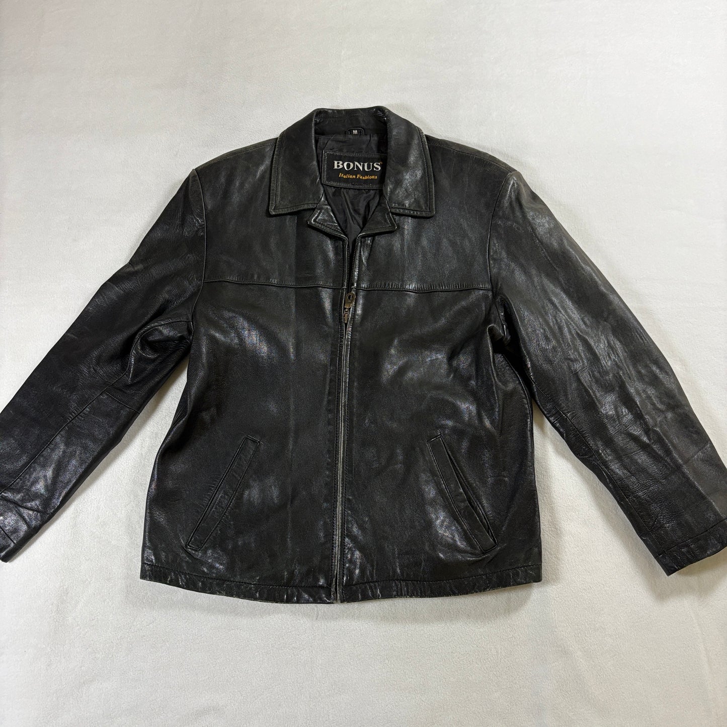 Vintage Leather Jacket Zip Up Black Classic Biker Bonus Tag M Fits Like X