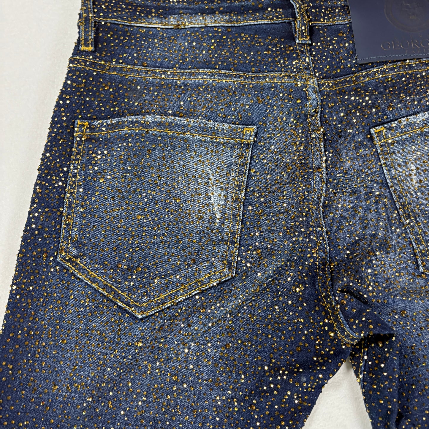 Avenue George V Paris Mens Jeans 32x30 Gold Rhinestone Distressed Denim Designer