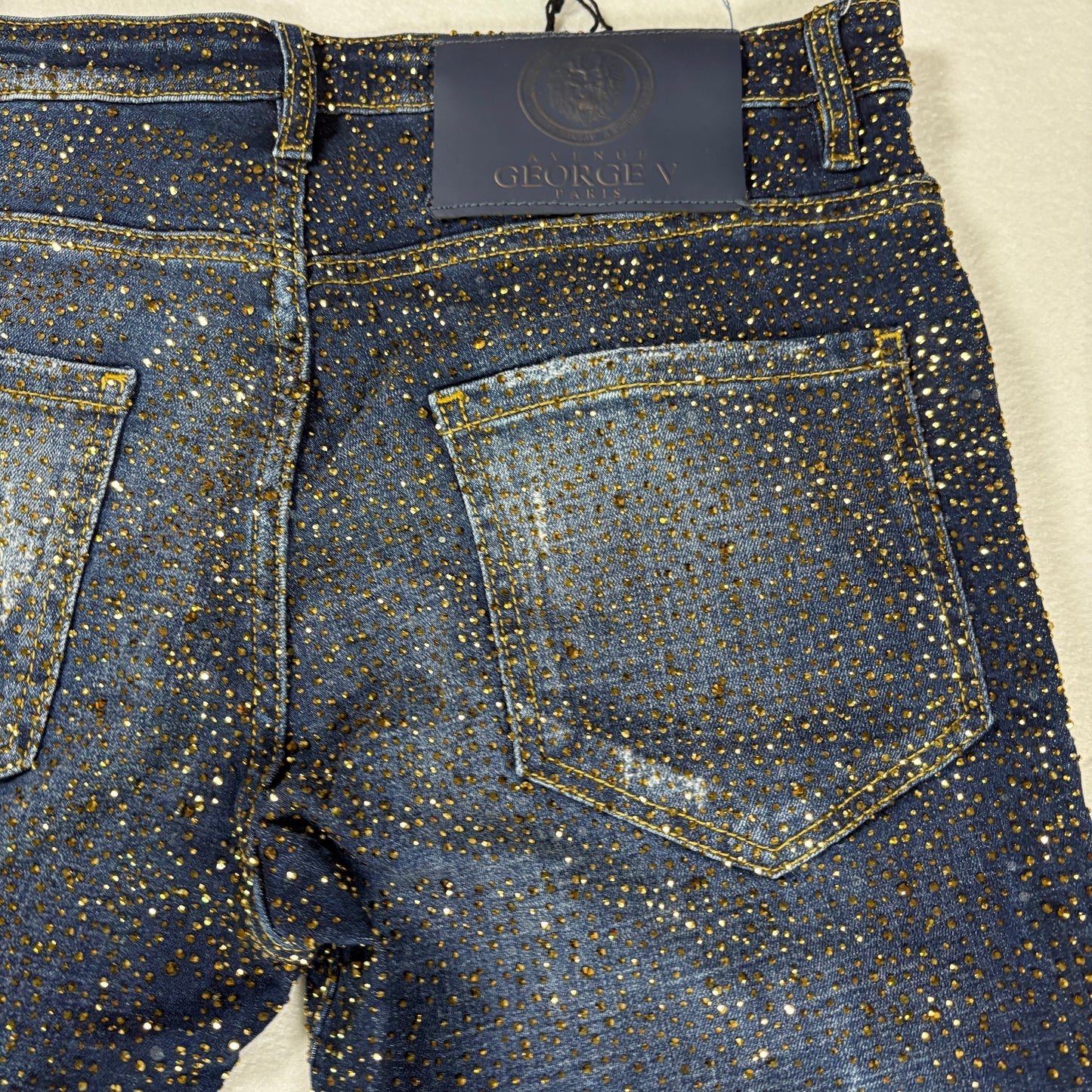 Avenue George V Paris Mens Jeans 32x30 Gold Rhinestone Distressed Denim Designer