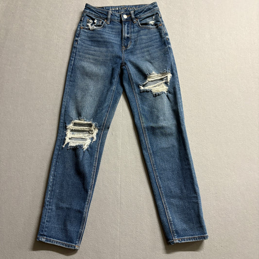 American Eagle Distressed Mom Jeans Tag 00 Fits Like 25X26 Y2K Stretch Denim