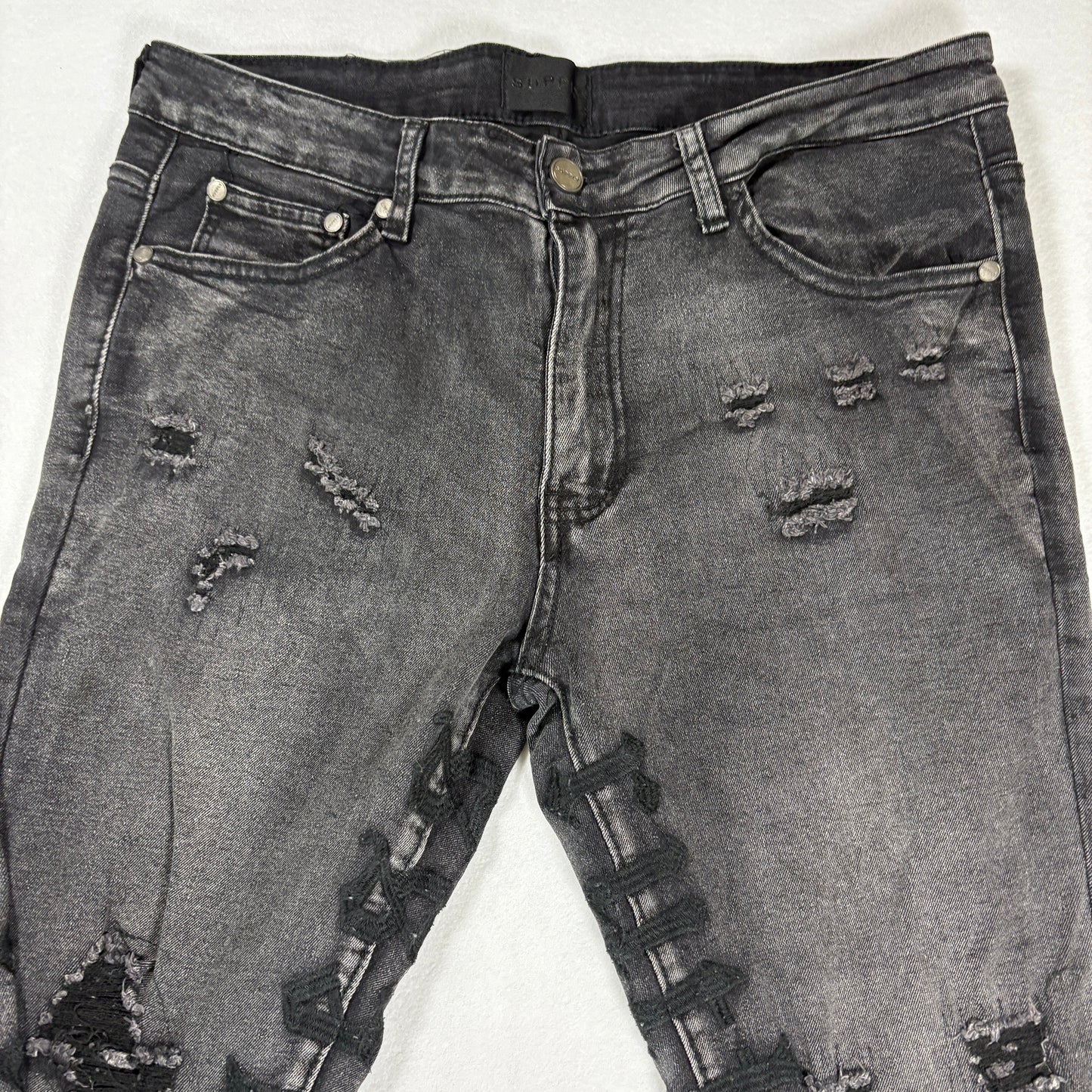 Supply Mens Black Skinny Jeans Size 32 Distressed Hem Stretch Denim Y2K