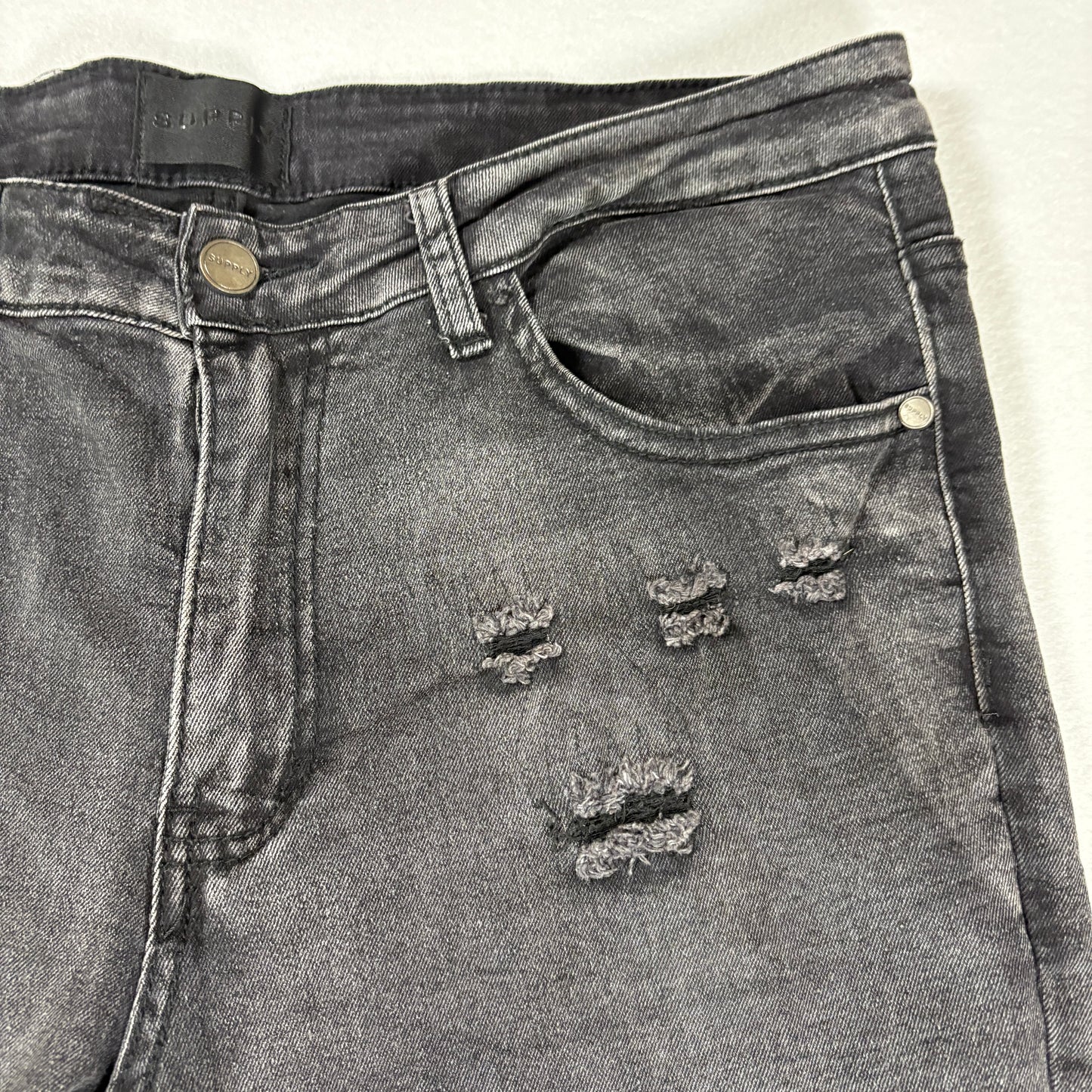 Supply Mens Black Skinny Jeans Size 32 Distressed Hem Stretch Denim Y2K