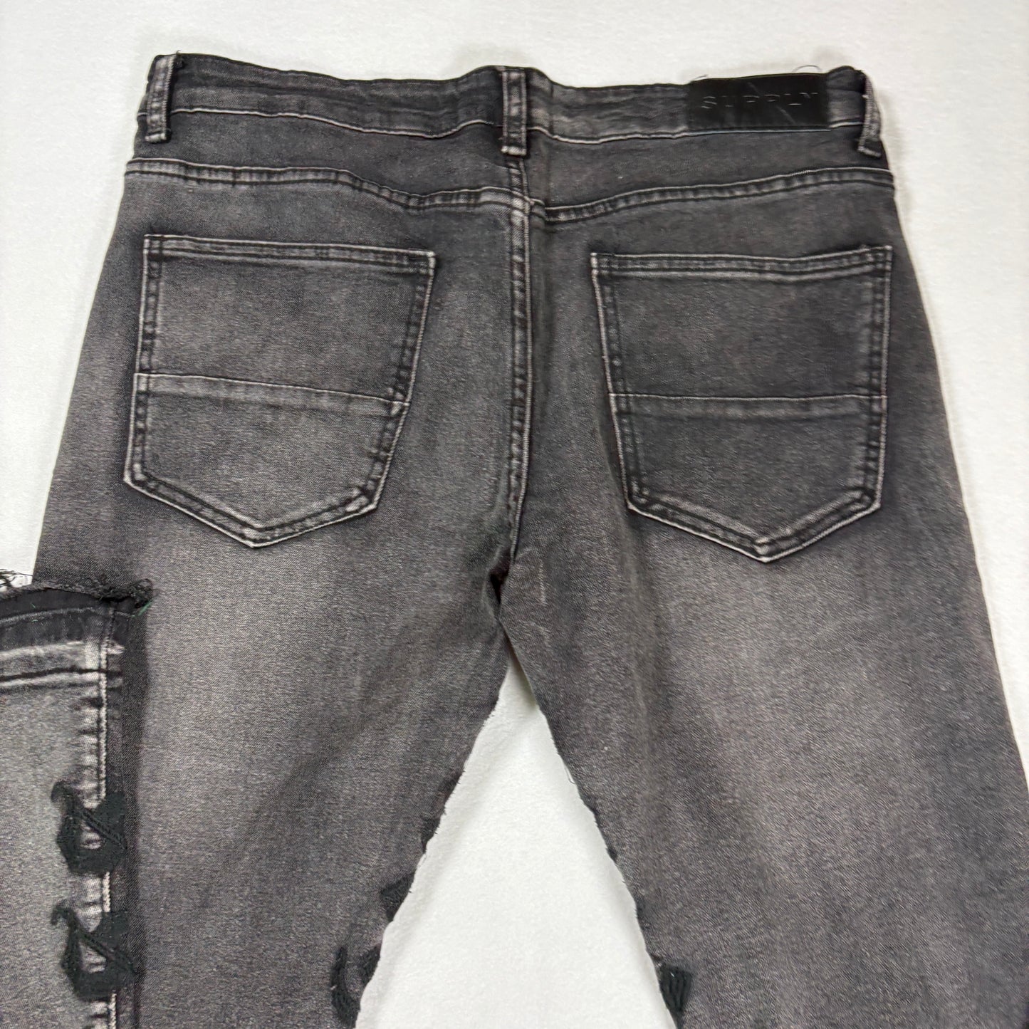 Supply Mens Black Skinny Jeans Size 32 Distressed Hem Stretch Denim Y2K