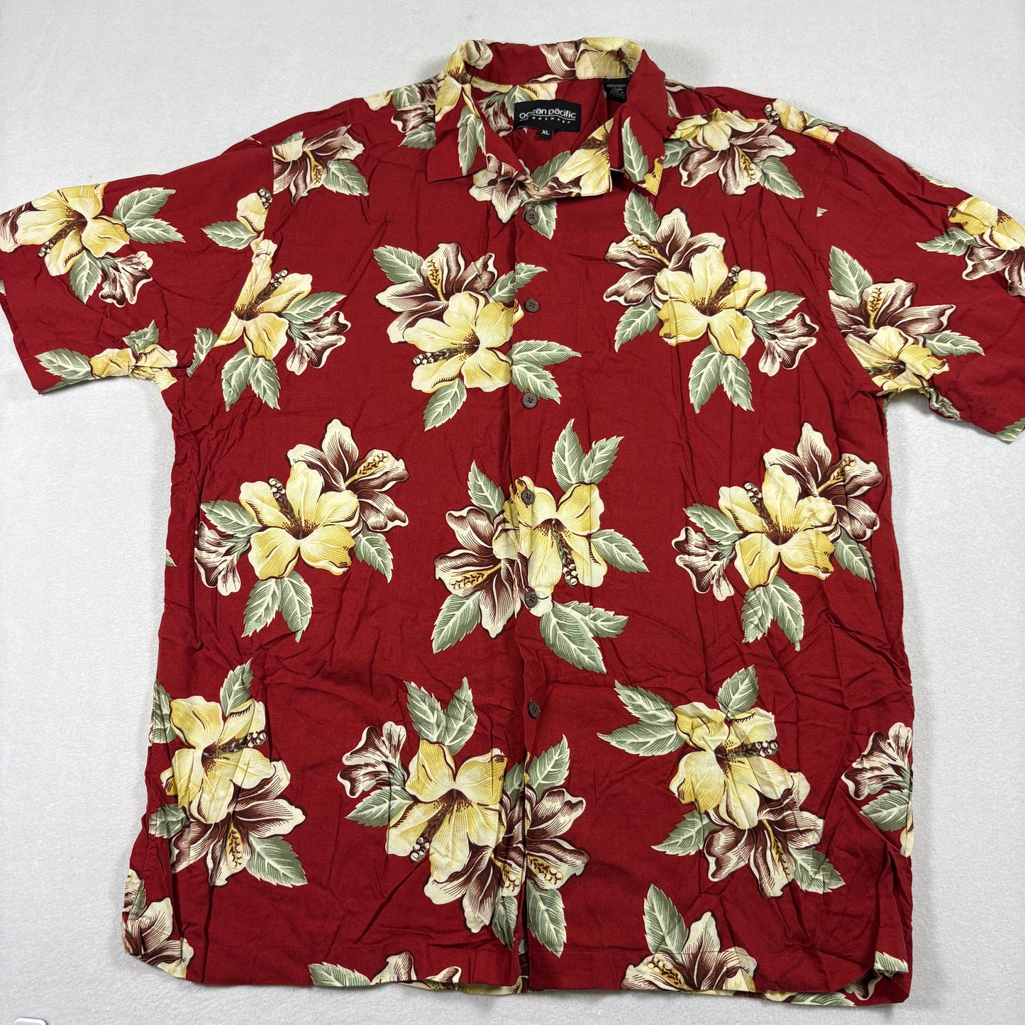 Ocean Pacific Mens Hawaiian Floral Shirt Red Yellow Rayon XL Vintage Y2K Surf
