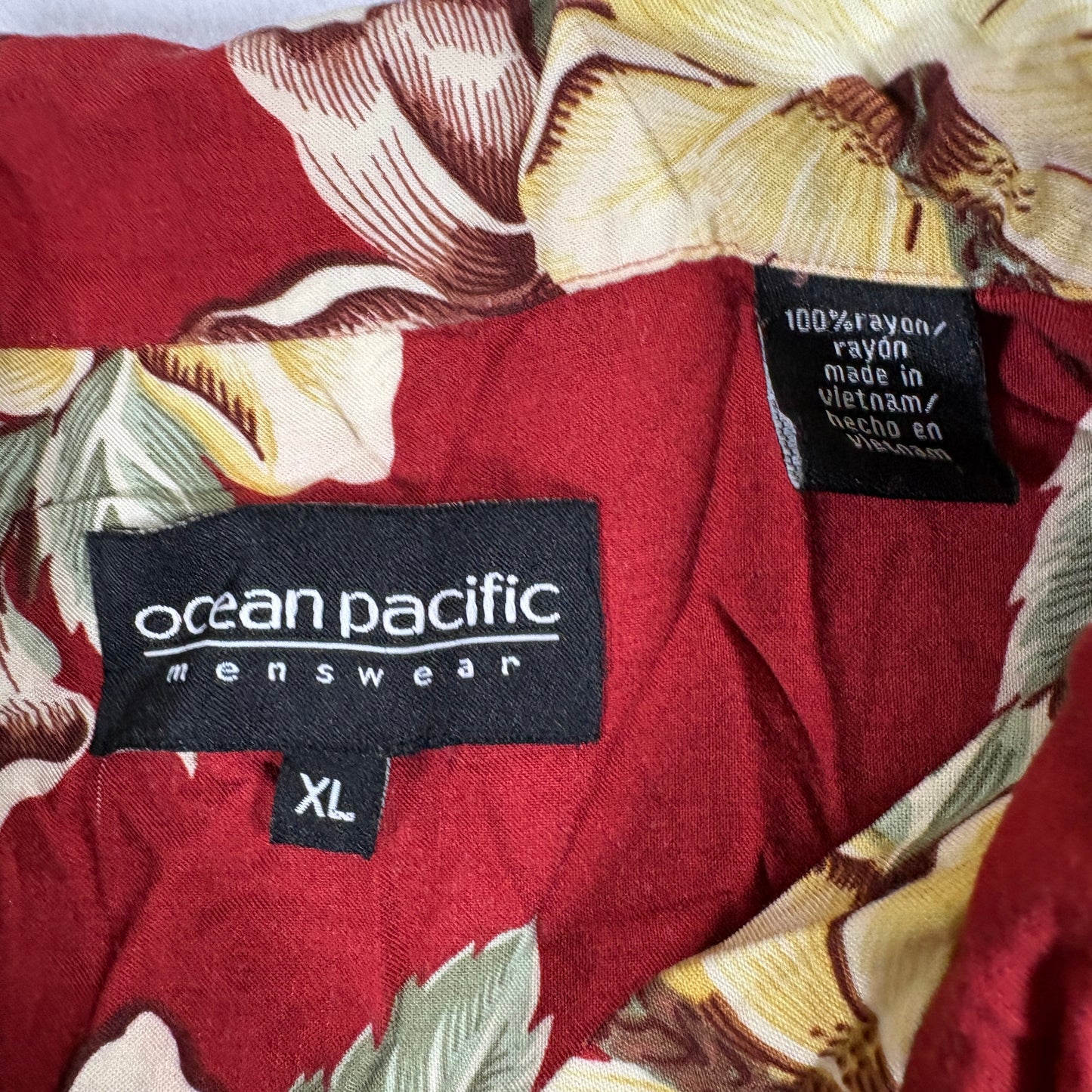 Ocean Pacific Mens Hawaiian Floral Shirt Red Yellow Rayon XL Vintage Y2K Surf